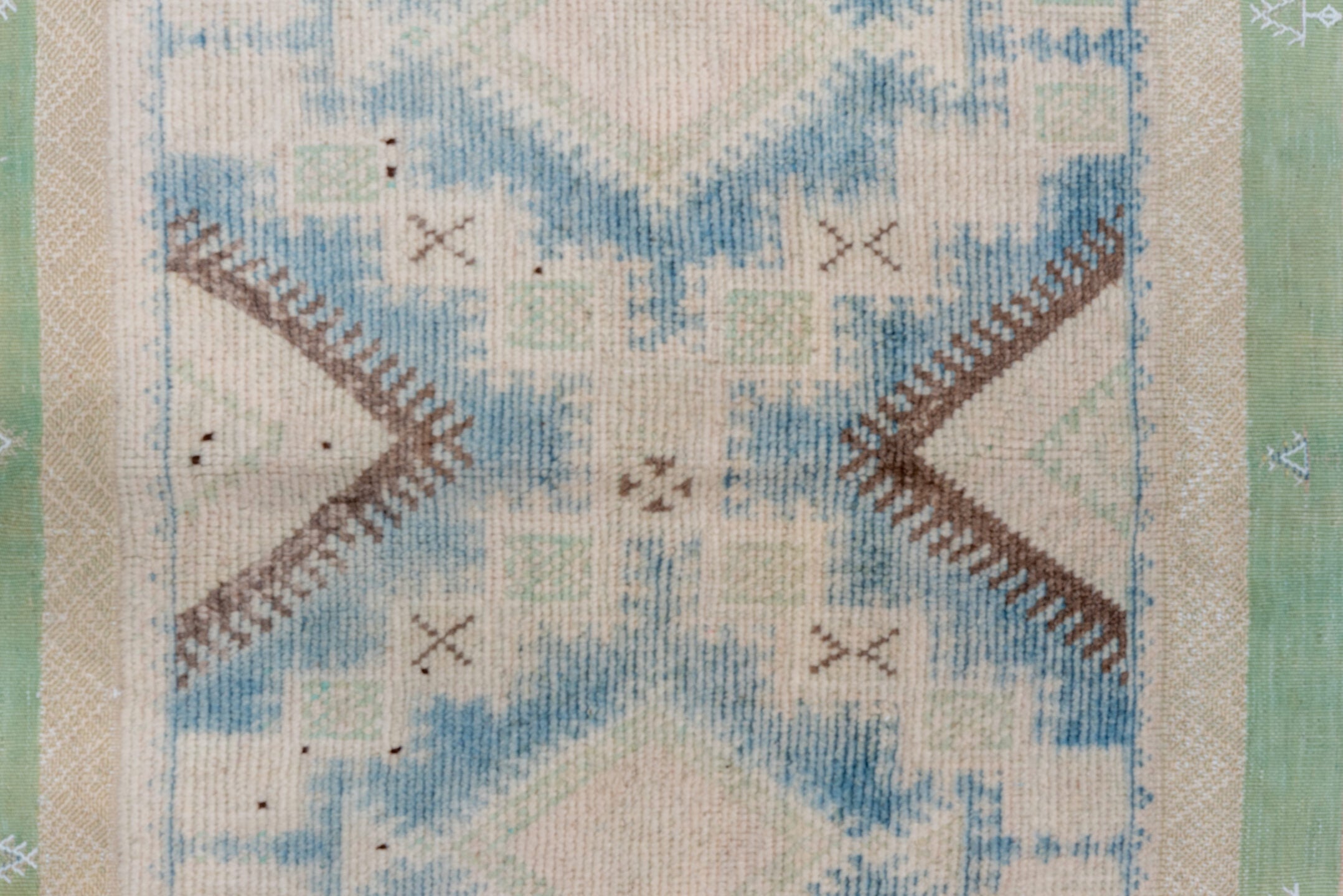 6' x 9' one-of-a-kind handmade antique Moroccan medium size rug. Color palette: ivory, pale blue, sage, blush, taupe, brown
