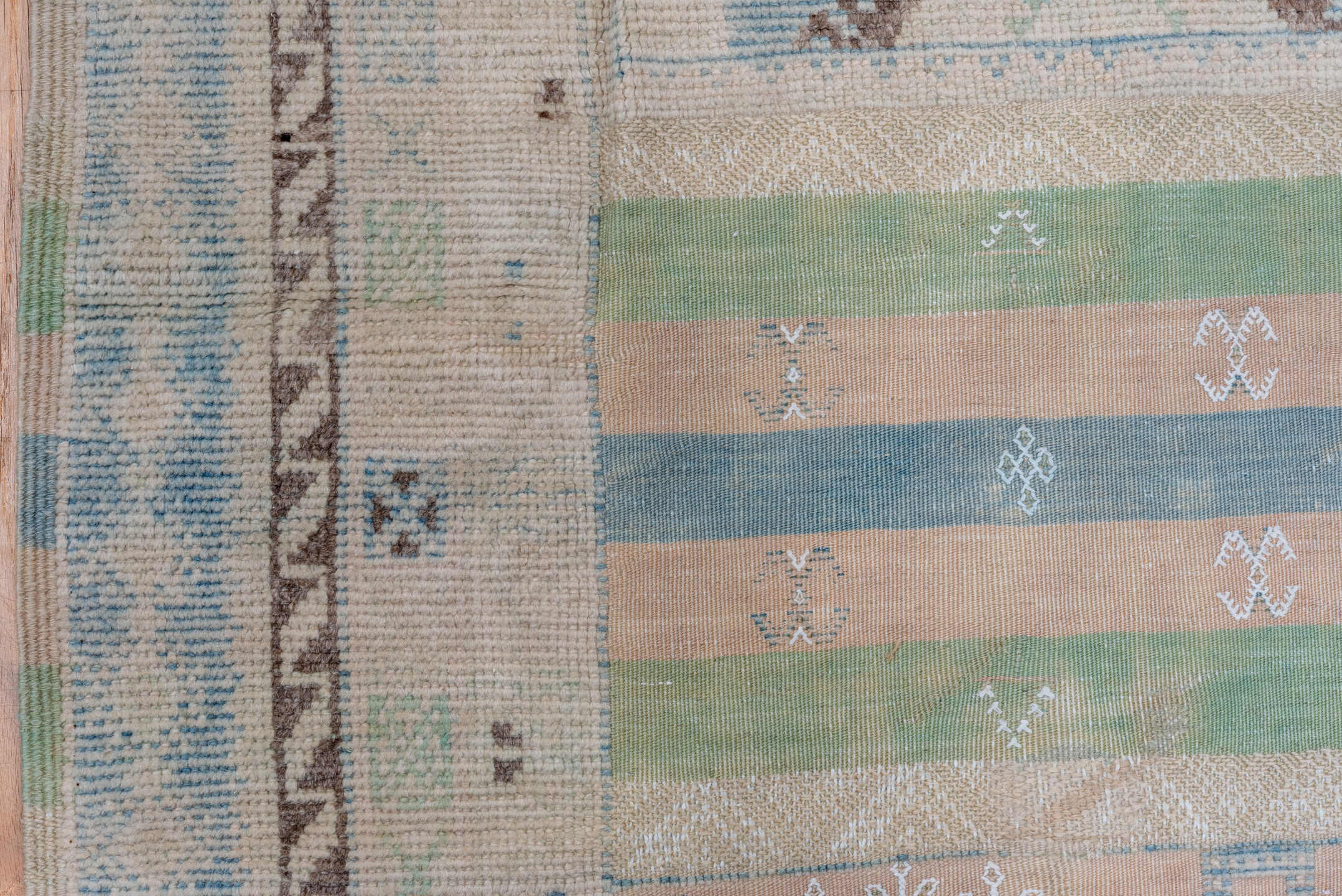 6' x 9' one-of-a-kind handmade antique Moroccan medium size rug. Color palette: ivory, pale blue, sage, blush, taupe, brown