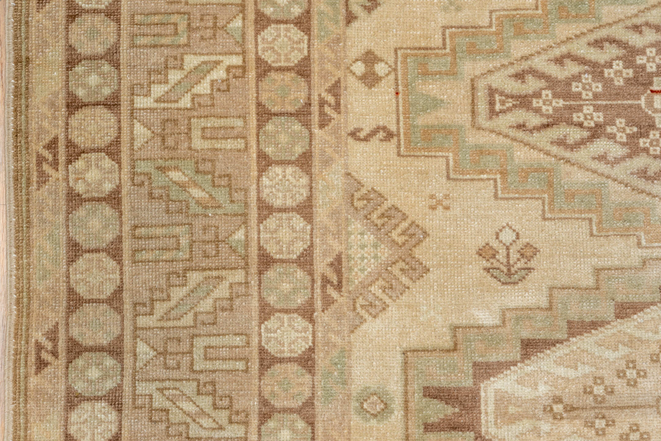6' x 9' one-of-a-kind handmade antique Derband medium size rug. Color palette: ivory, taupe, camel, sage, brown, sand, rust