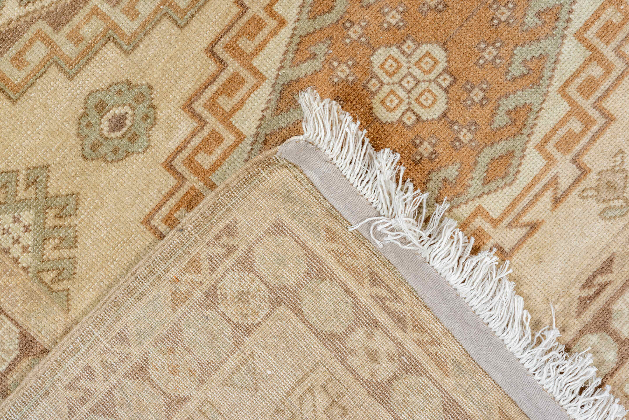 6' x 9' one-of-a-kind handmade antique Derband medium size rug. Color palette: ivory, taupe, camel, sage, brown, sand, rust