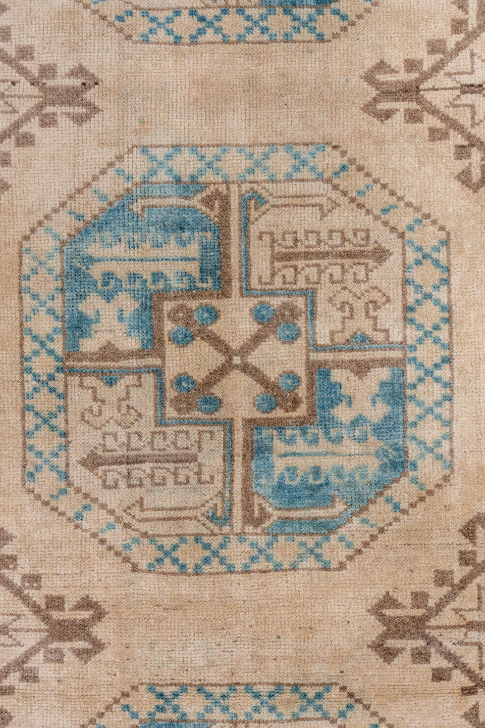 7' x 10' one-of-a-kind handmade antique Afghan large size rug. Color palette: ivory, aqua, beige, taupe, camel, teal, gray