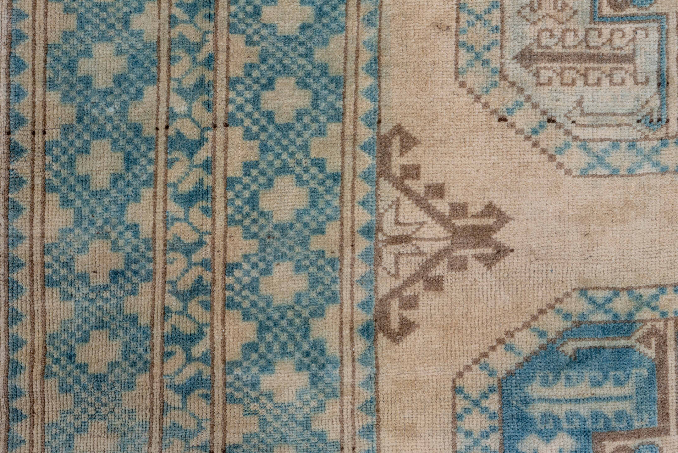 7' x 10' one-of-a-kind handmade antique Afghan large size rug. Color palette: ivory, aqua, beige, taupe, camel, teal, gray