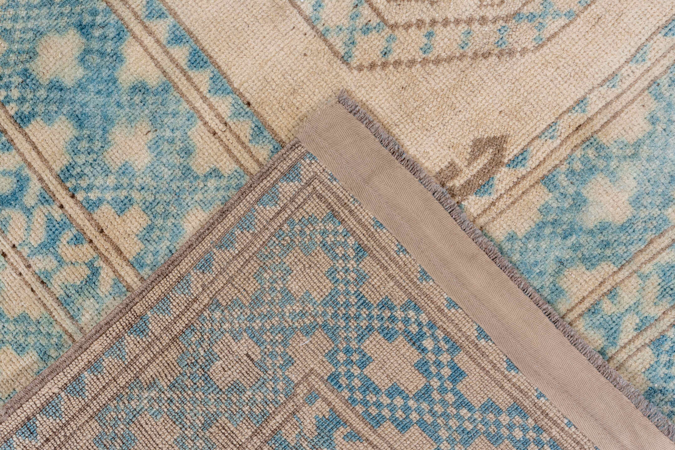 7' x 10' one-of-a-kind handmade antique Afghan large size rug. Color palette: ivory, aqua, beige, taupe, camel, teal, gray
