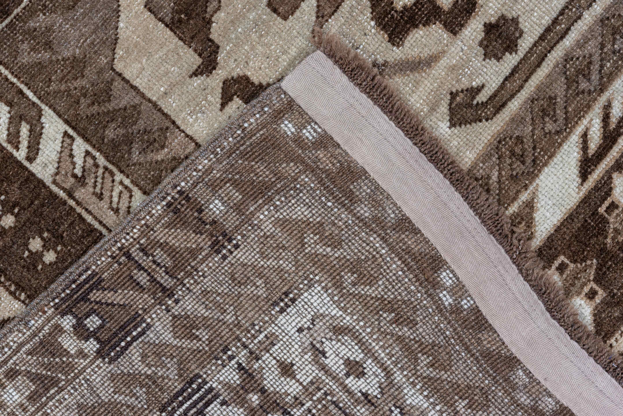 5' x 7' one-of-a-kind handmade vintage Kars rug. Color palette: brown, gray, pink