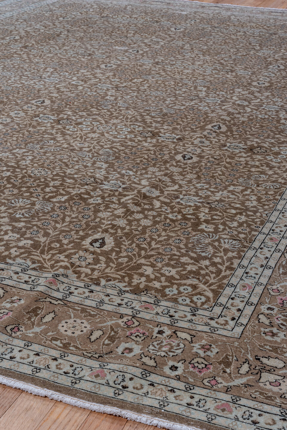 8' x 11' one-of-a-kind handmade antique Sivas large size rug. Color palette: taupe, ivory, brown, camel, beige, rose
