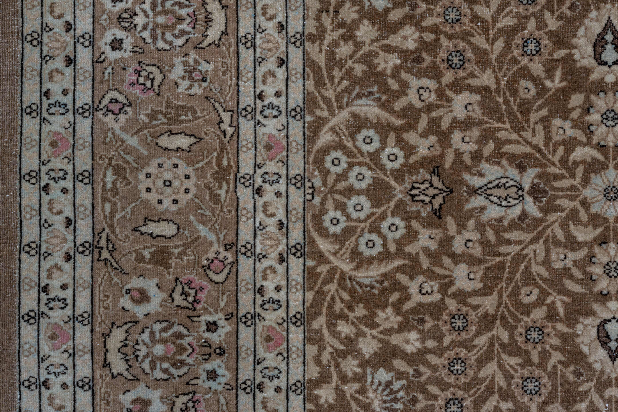 8' x 11' one-of-a-kind handmade antique Sivas large size rug. Color palette: taupe, ivory, brown, camel, beige, rose