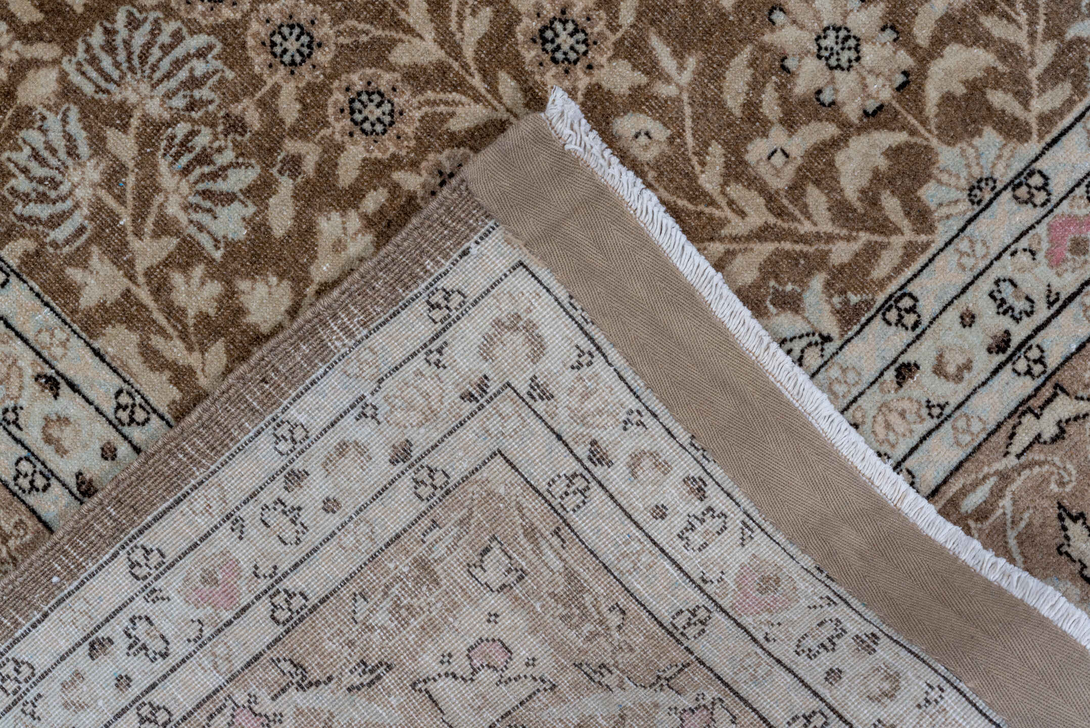 8' x 11' one-of-a-kind handmade antique Sivas large size rug. Color palette: taupe, ivory, brown, camel, beige, rose