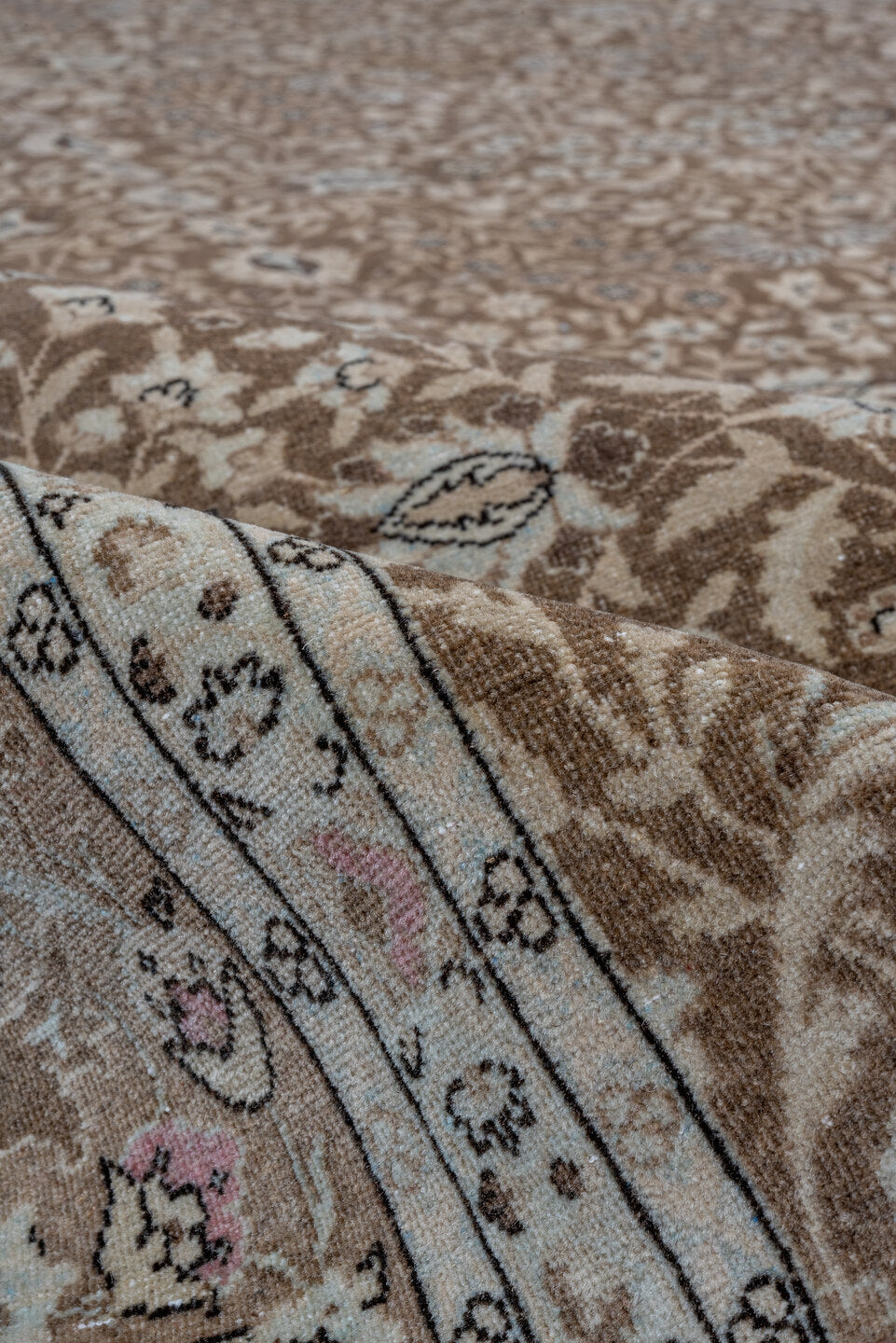 8' x 11' one-of-a-kind handmade antique Sivas large size rug. Color palette: taupe, ivory, brown, camel, beige, rose