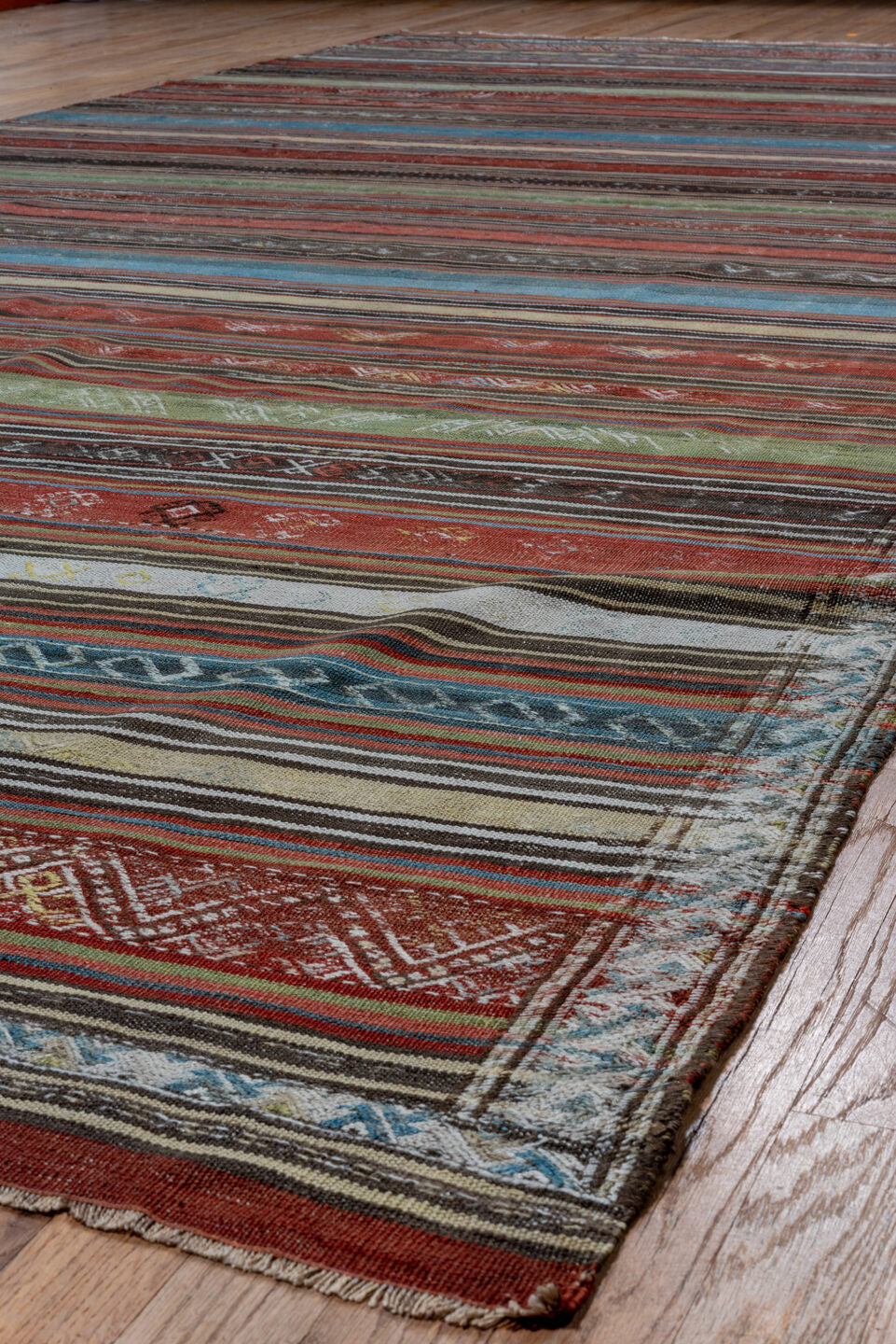 6' x 14' one-of-a-kind handmade vintage Kilim large size rug. Color palette: arapawa, black, blue, brown, dark gray, gray