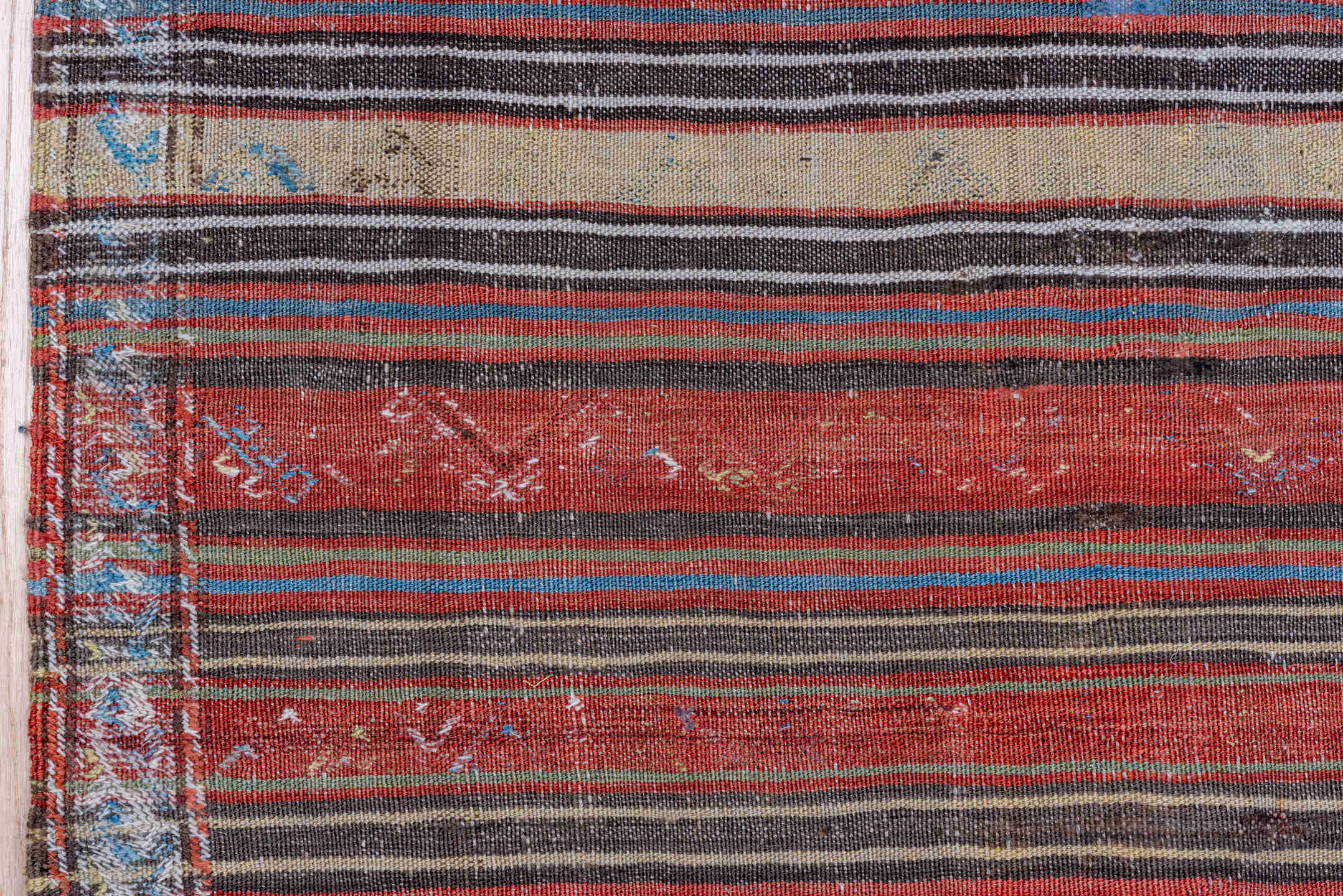 6' x 14' one-of-a-kind handmade vintage Kilim large size rug. Color palette: arapawa, black, blue, brown, dark gray, gray