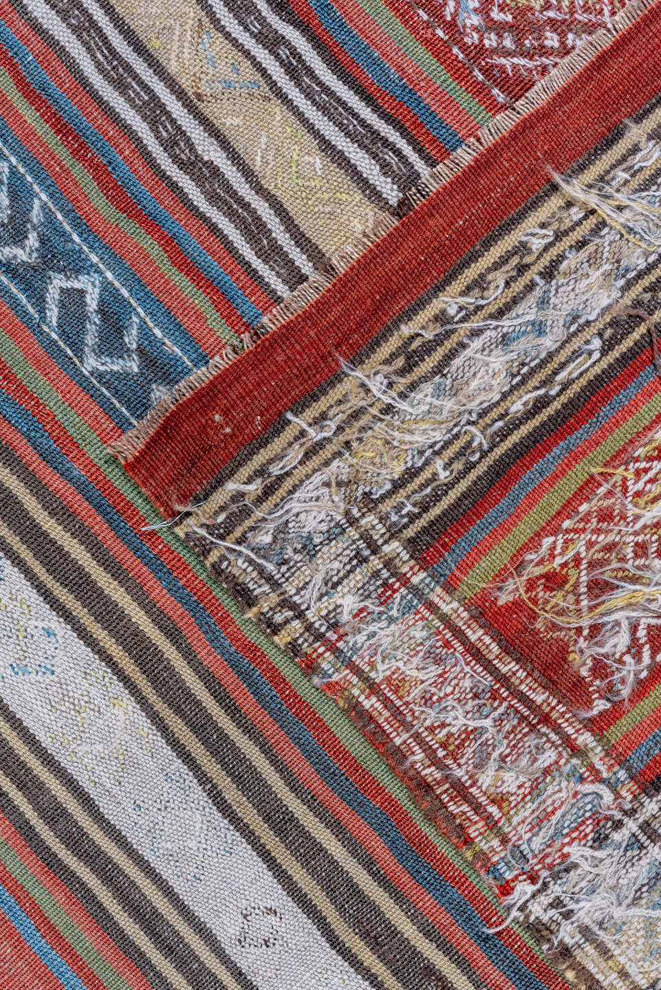 6' x 14' one-of-a-kind handmade antique Kilim large size rug. Color palette: rust, brown, indigo, ivory, sage, charcoal