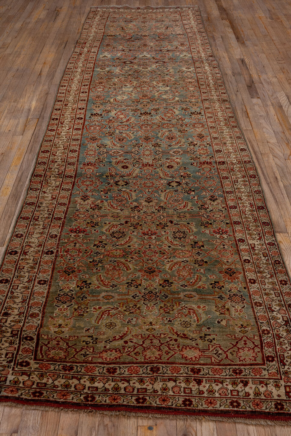 3' x 14' one-of-a-kind handmade antique Bidjar runner rug. Color palette: blue, ivory, rust, brown, terracotta, charcoal
