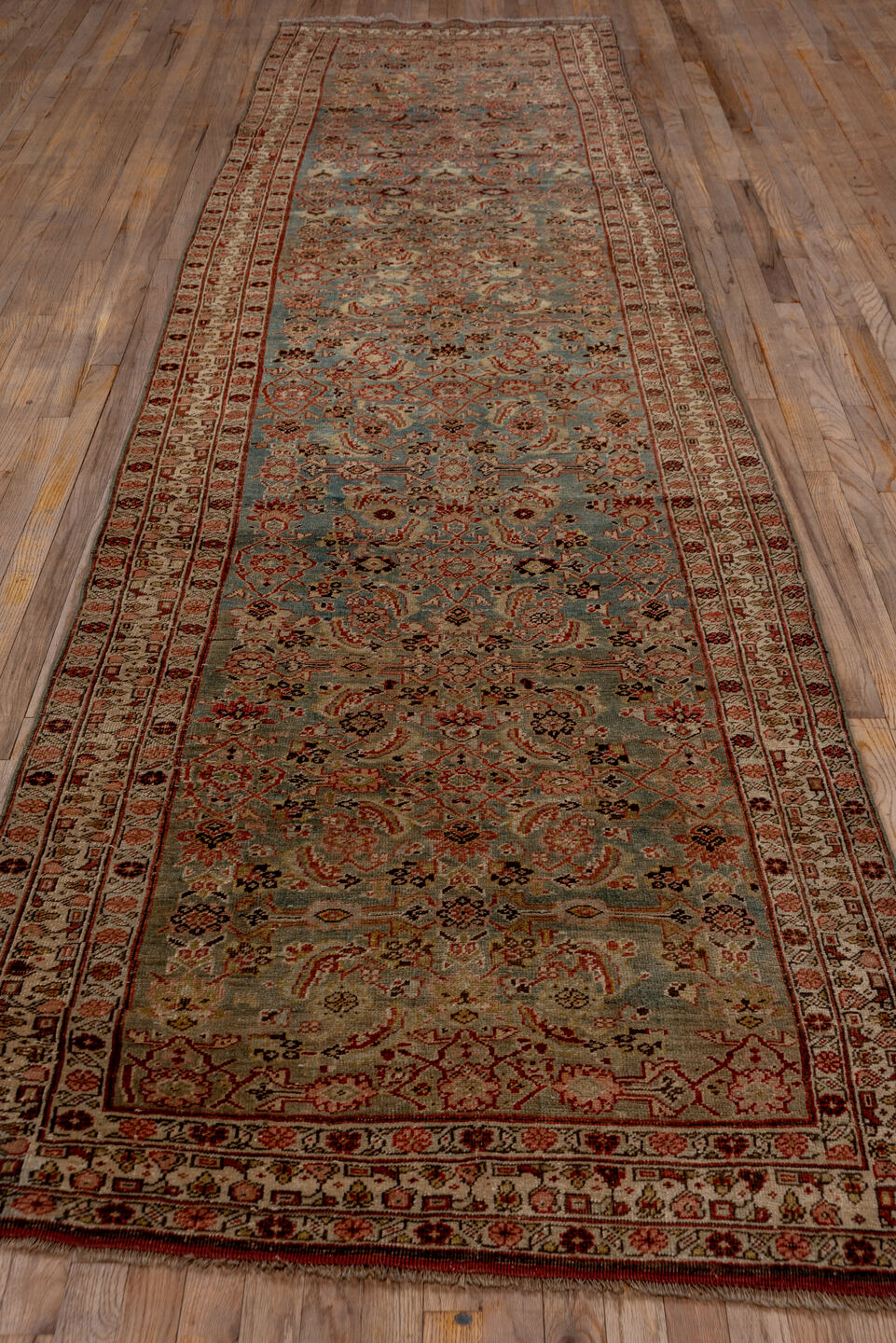 3' x 14' one-of-a-kind handmade antique Bidjar runner rug. Color palette: blue, ivory, rust, brown, terracotta, charcoal