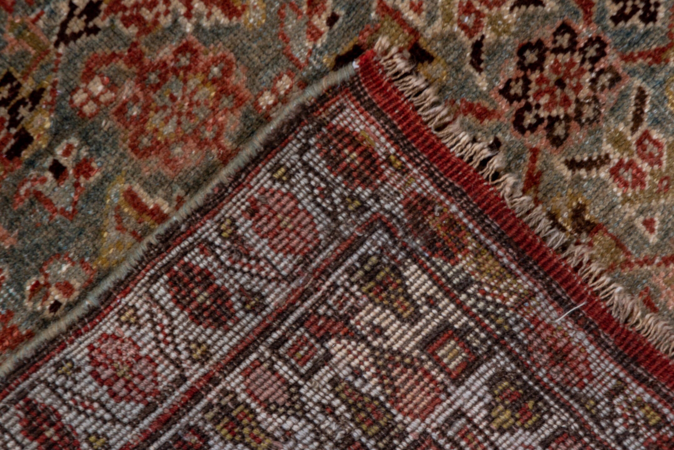 3' x 14' one-of-a-kind handmade vintage Bidjar runner rug. Color palette: brown, dim gray, gray, off-white, pink, snow