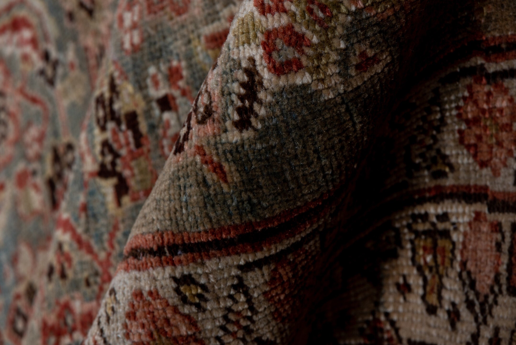 3' x 14' one-of-a-kind handmade vintage Bidjar runner rug. Color palette: brown, dim gray, gray, off-white, pink, snow