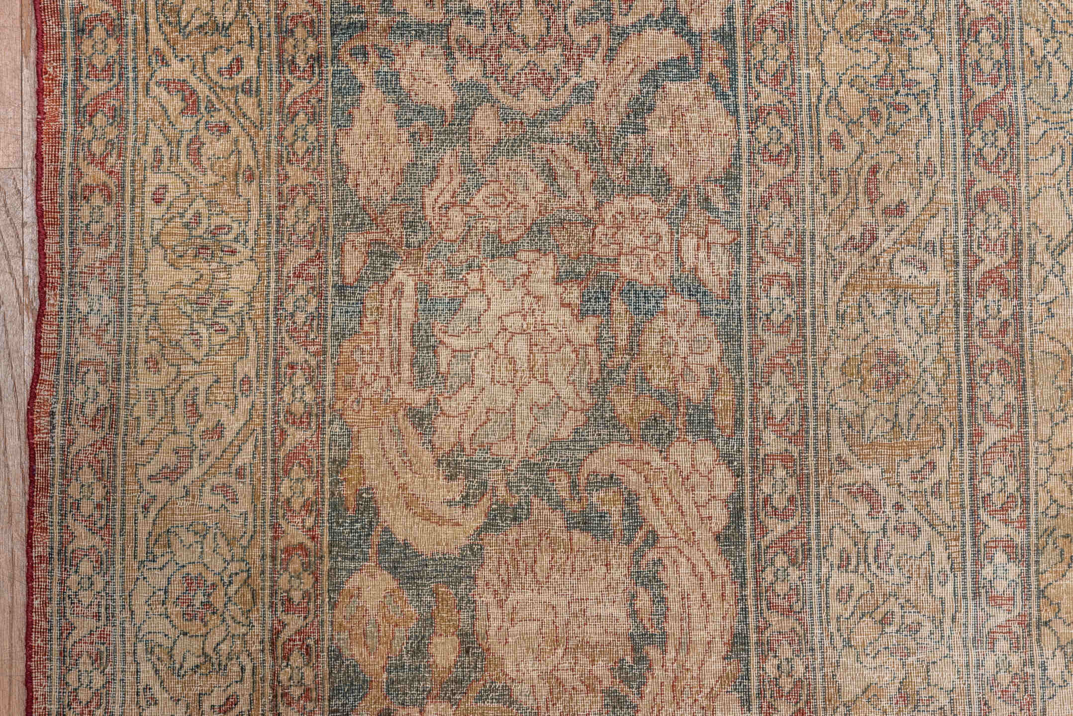 11' x 15' one-of-a-kind handmade antique Isfahan oversize rug. Color palette: ivory, rose, taupe, slate, beige, dusty blue