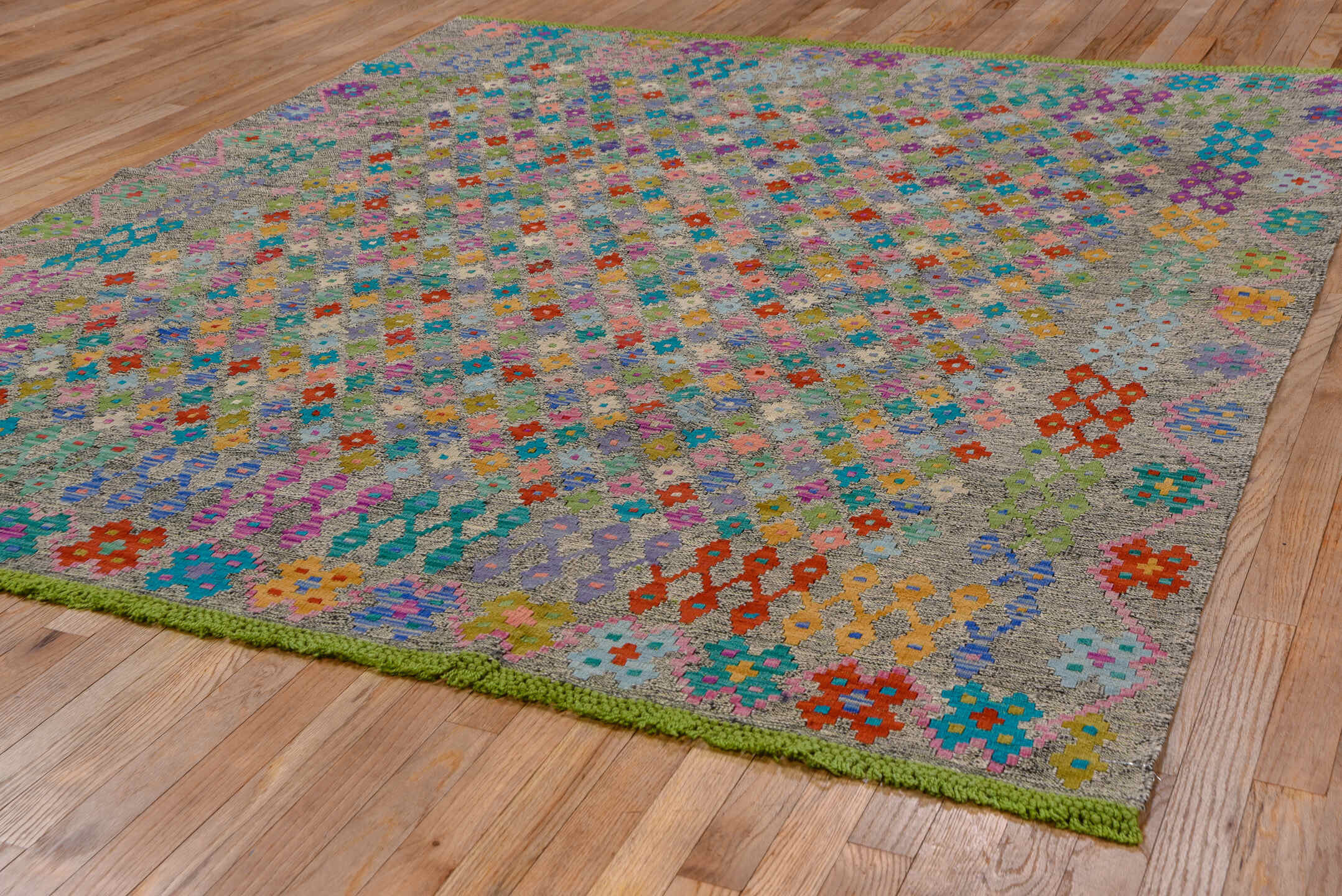 6' x 7' one-of-a-kind handmade vintage Kilim rug. Color palette: taupe, turquoise, lavender, coral, sage, red, sky_blue