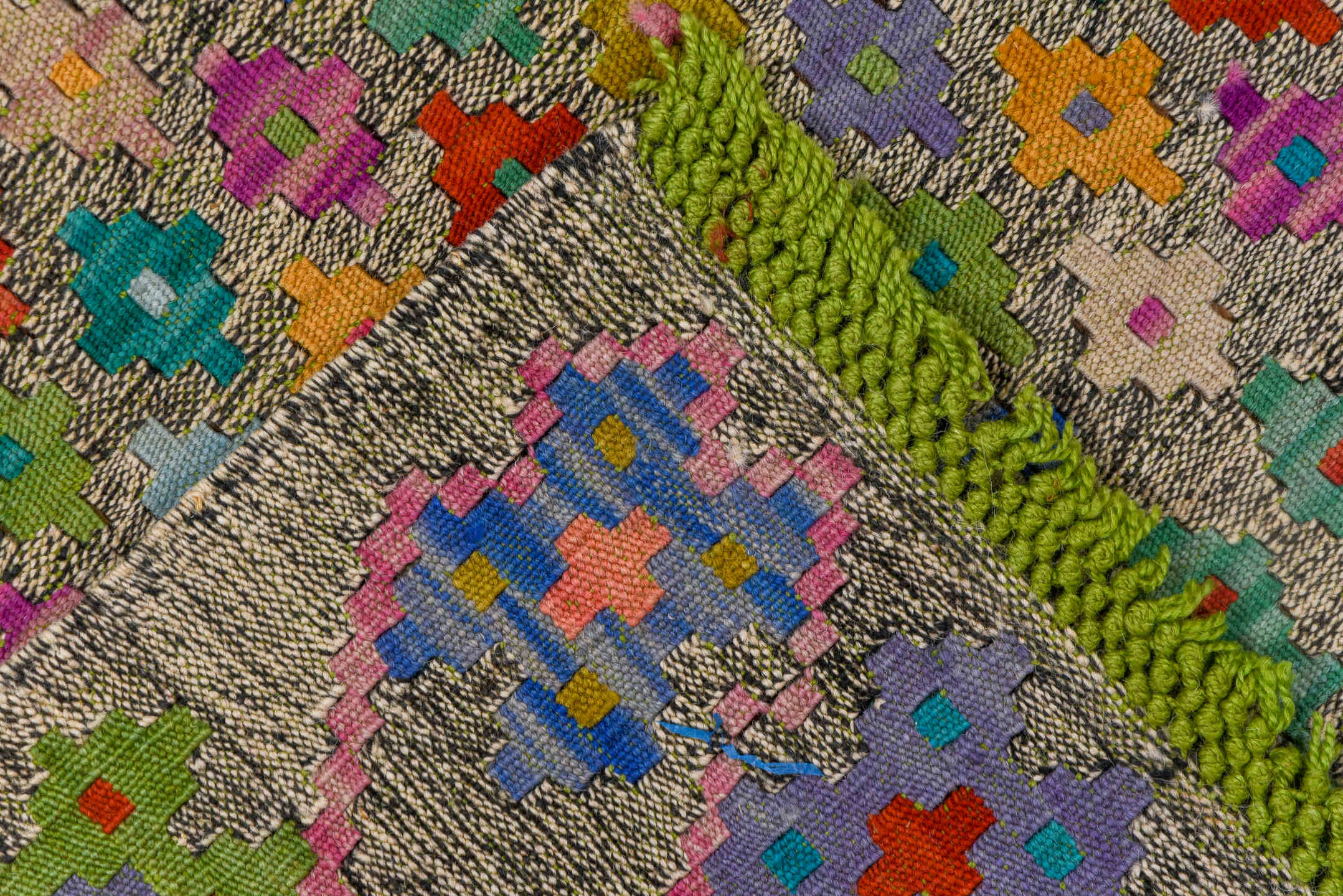 6' x 7' one-of-a-kind handmade vintage Kilim rug. Color palette: blue, brown, dark cyan, gray, green, orange, peru, pink