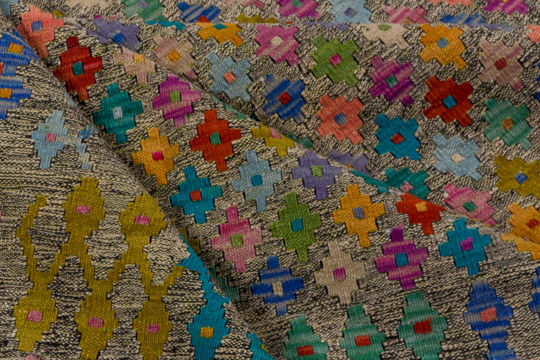 6' x 7' one-of-a-kind handmade vintage Kilim rug. Color palette: blue, brown, dark cyan, gray, green, orange, peru, pink