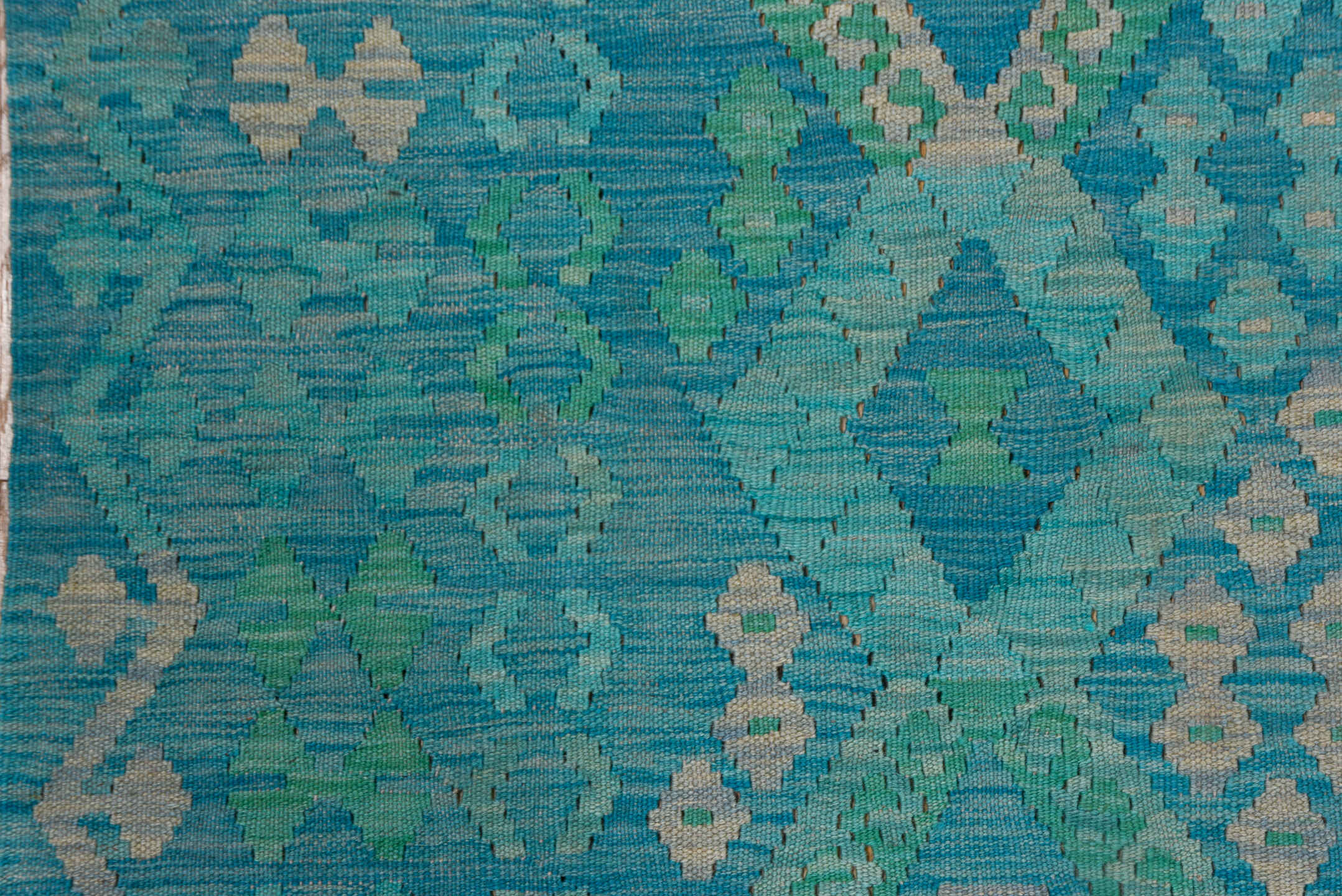 8' x 11' one-of-a-kind handmade vintage Kilim large size rug. Color palette: turquoise, aqua, seafoam, ivory, teal, green