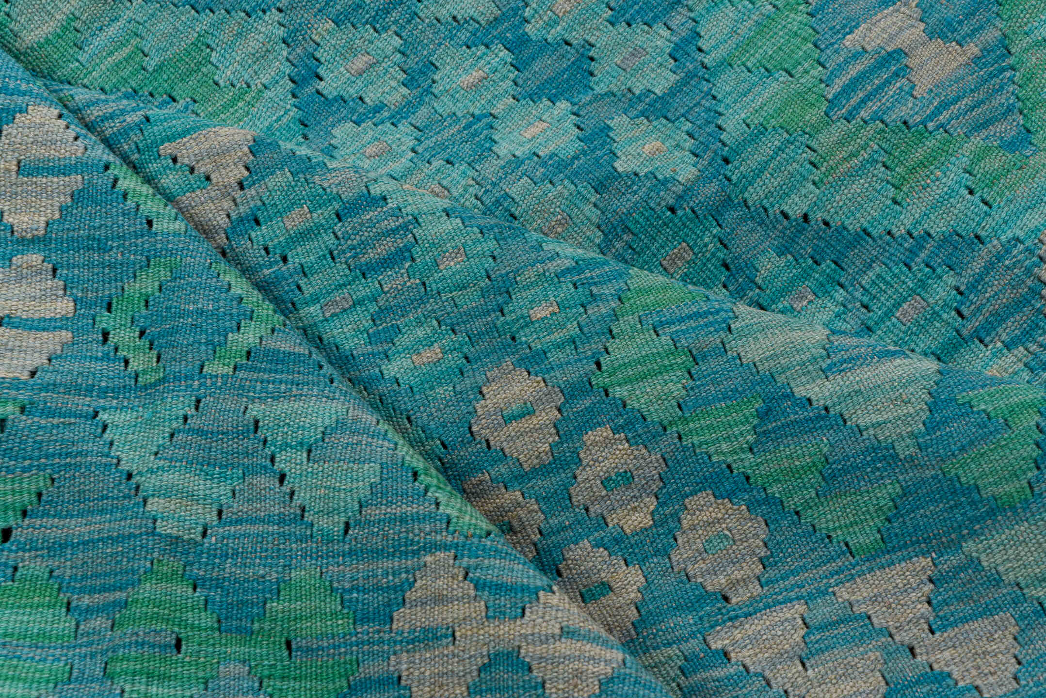 8' x 11' one-of-a-kind handmade vintage Kilim large size rug. Color palette: turquoise, aqua, seafoam, ivory, teal, green