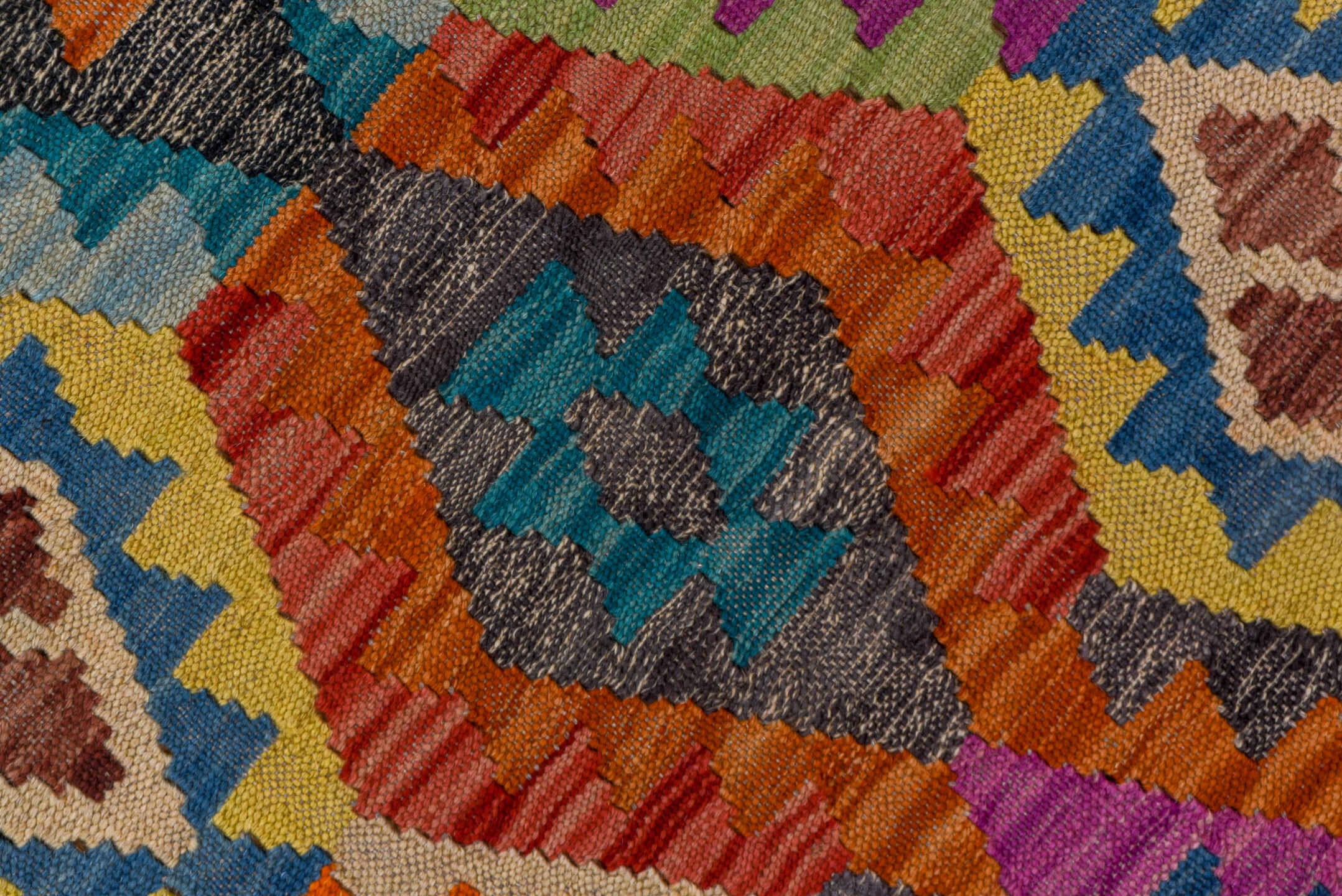 6' x 9' one-of-a-kind handmade vintage Kilim medium size rug. Color palette: gray, ivory, turquoise, orange, magenta, blue
