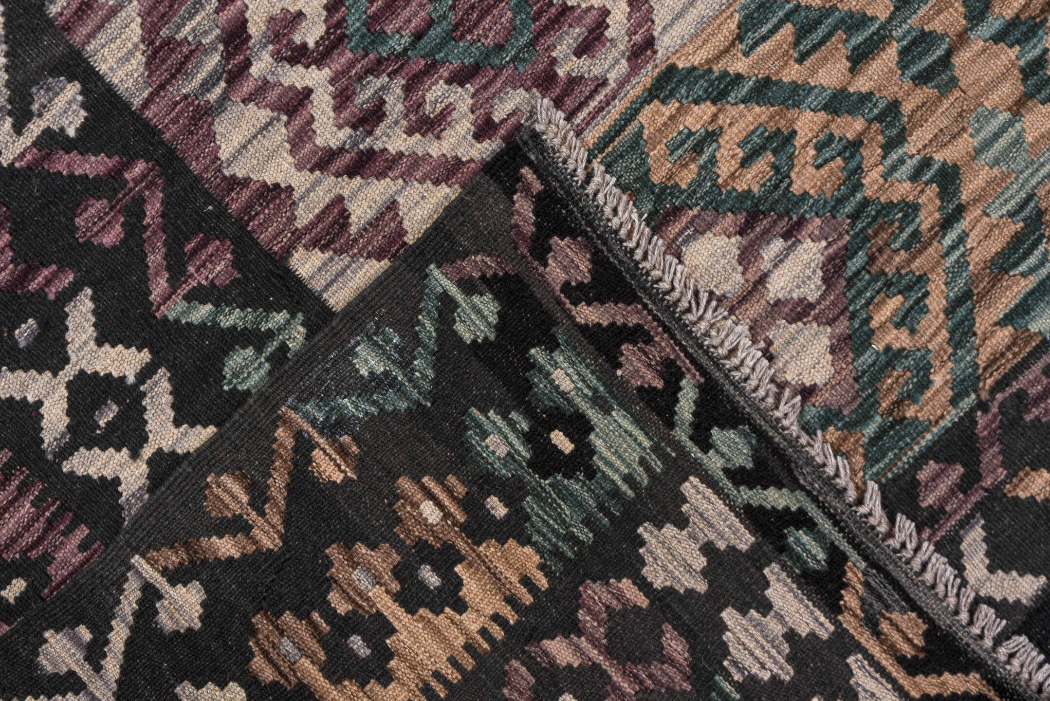 6' x 10' one-of-a-kind handmade vintage Kilim large size rug. Color palette: black, brown, charcoal, dim gray, gray, pink