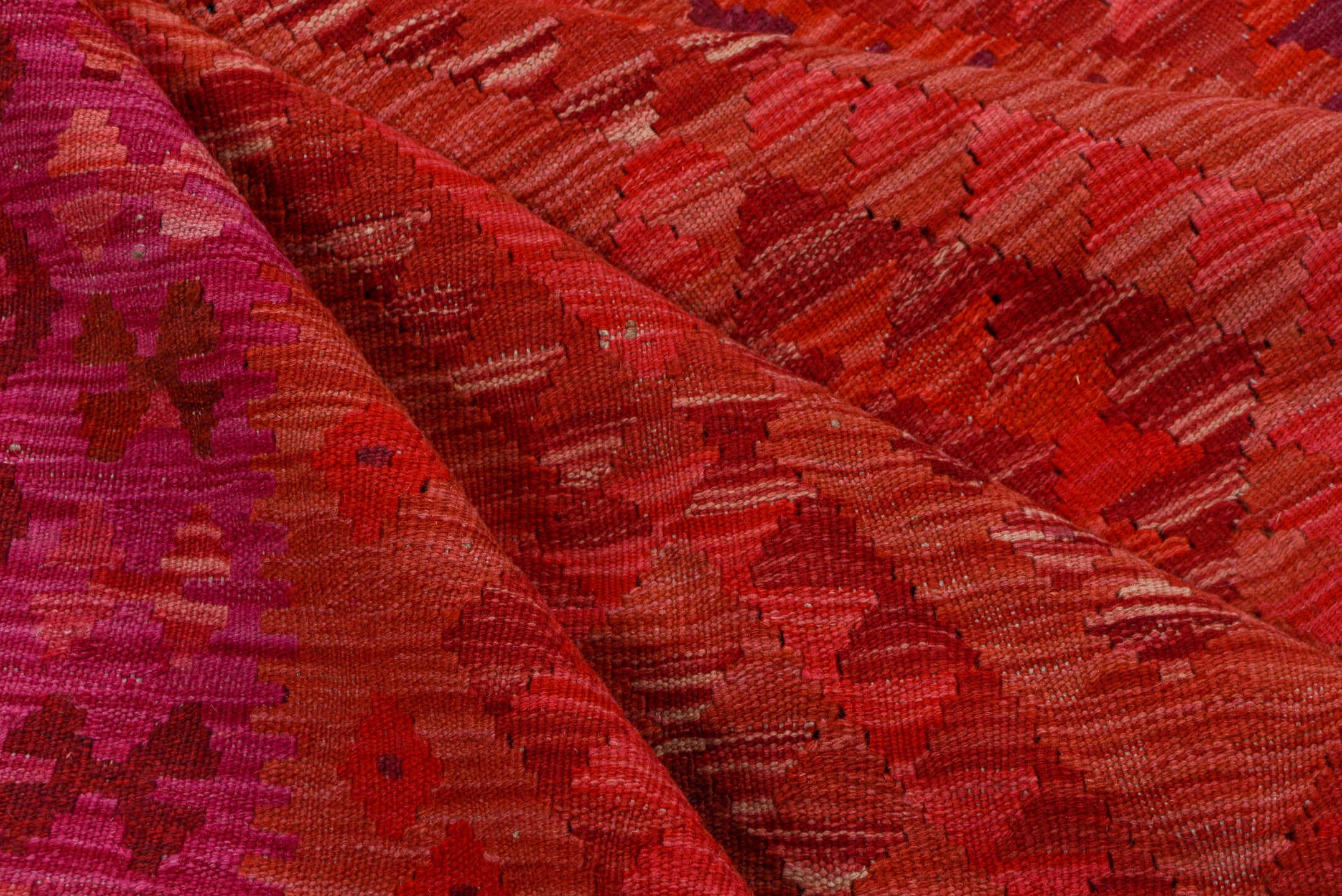 5' x 8' one-of-a-kind handmade vintage Kilim medium size rug. Color palette: magenta, crimson, fuchsia, rose, burgundy
