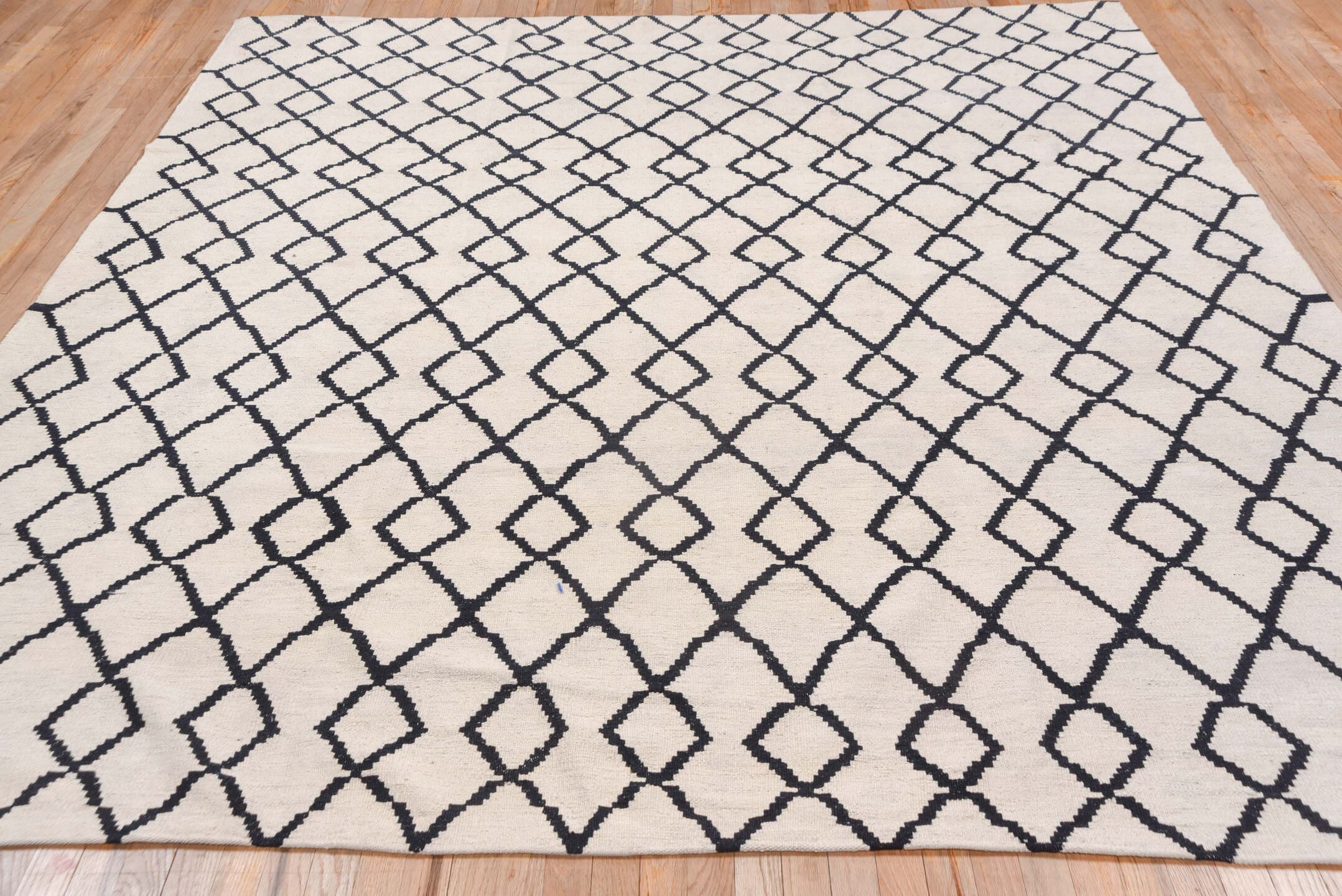 8' x 9' one-of-a-kind handmade vintage Kilim rug. Color palette: ivory, charcoal, gray, black