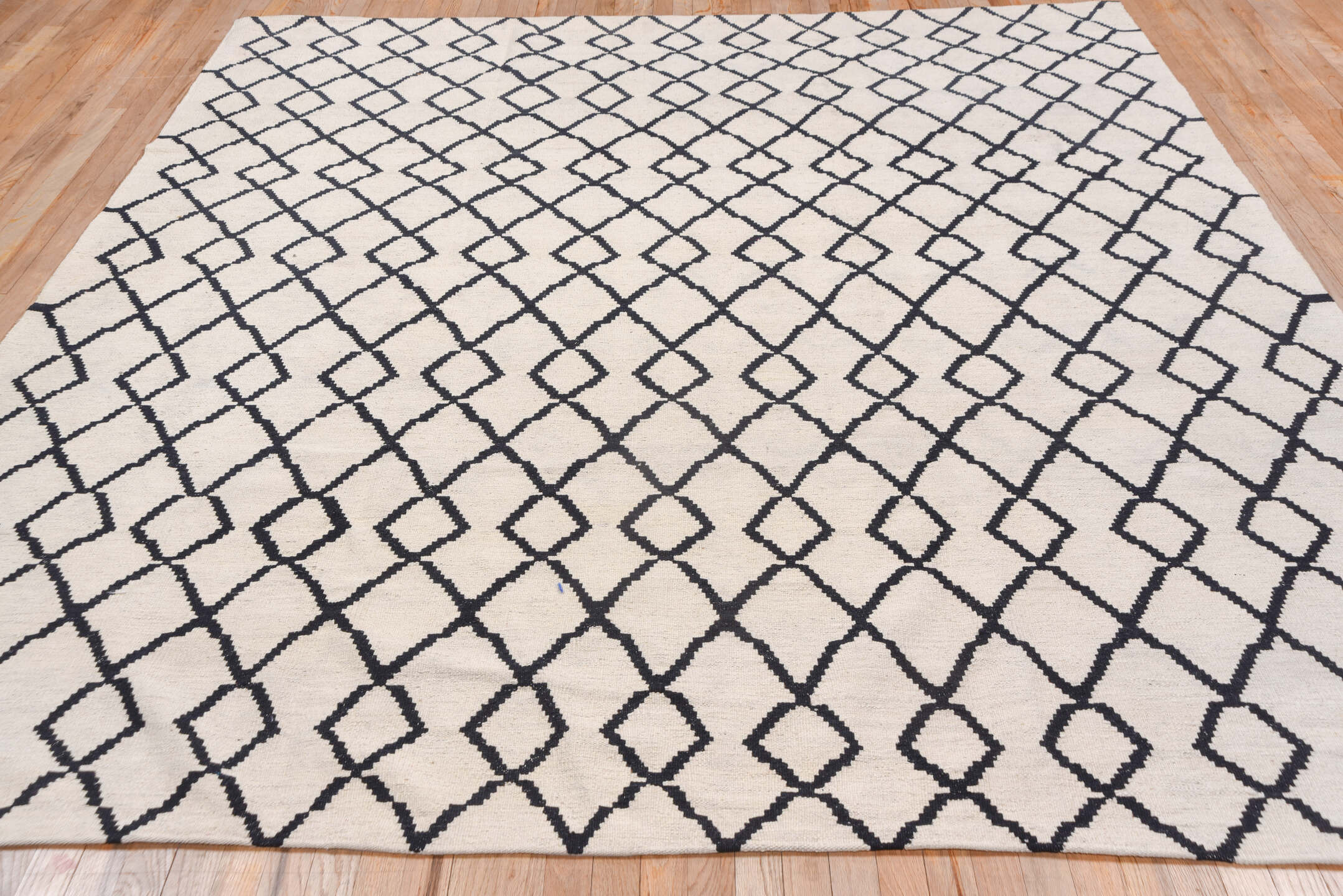 8' x 9' one-of-a-kind handmade vintage Kilim rug. Color palette: ivory, charcoal, gray, black