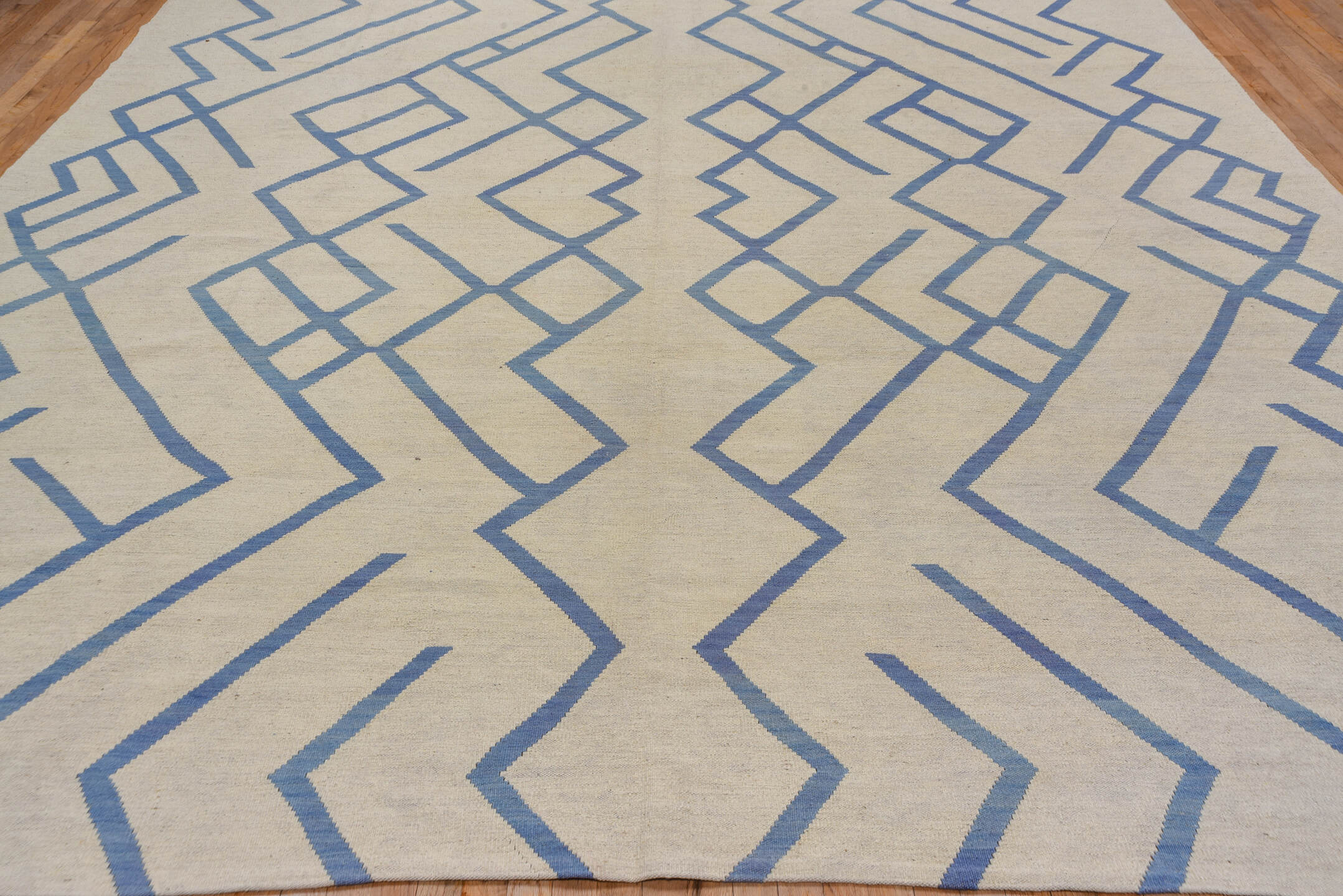 10' x 13' one-of-a-kind handmade vintage Kilim large size rug. Color palette: ivory, sky blue, cream, light blue