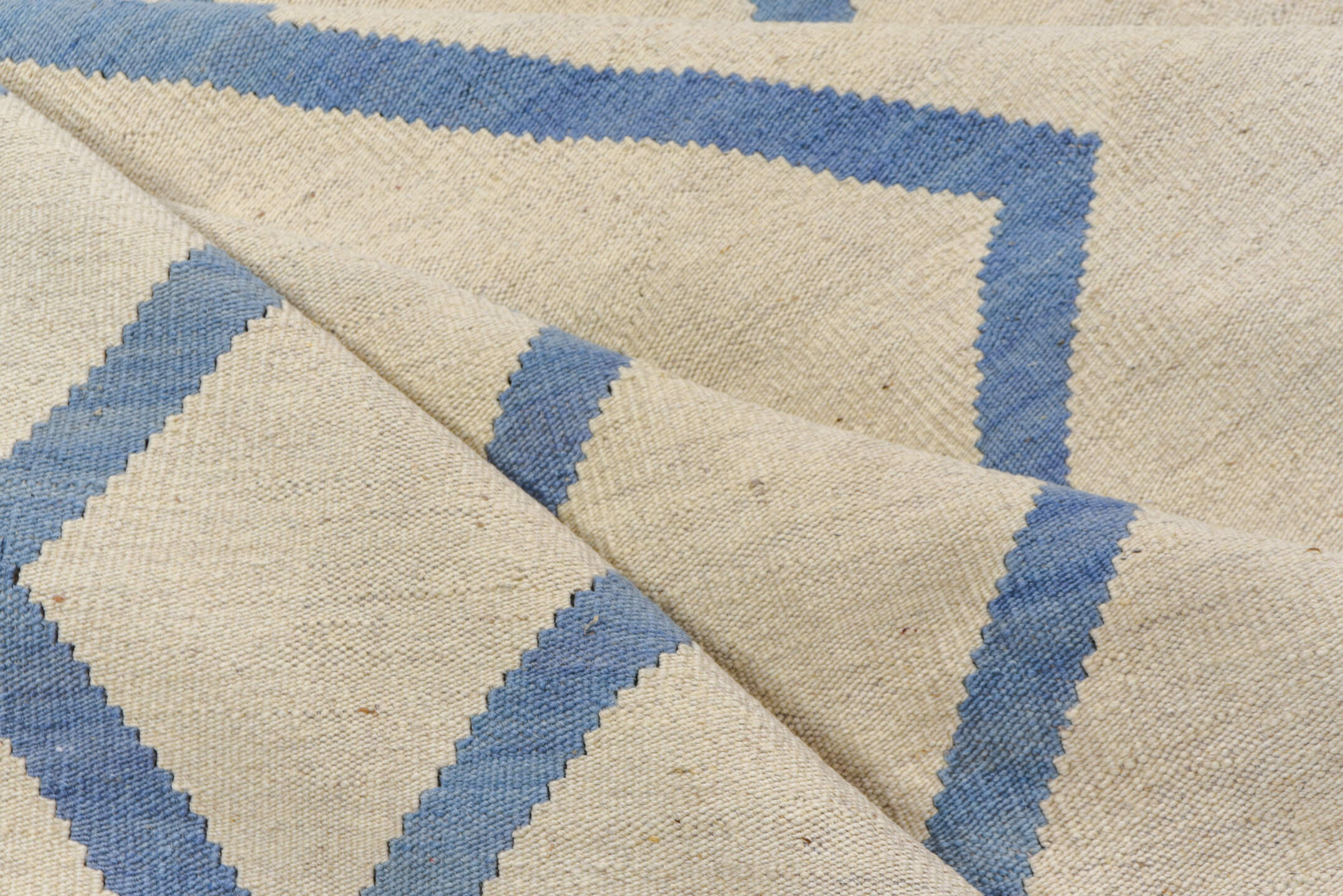 10' x 13' one-of-a-kind handmade vintage Kilim large size rug. Color palette: ivory, sky blue, cream, light blue