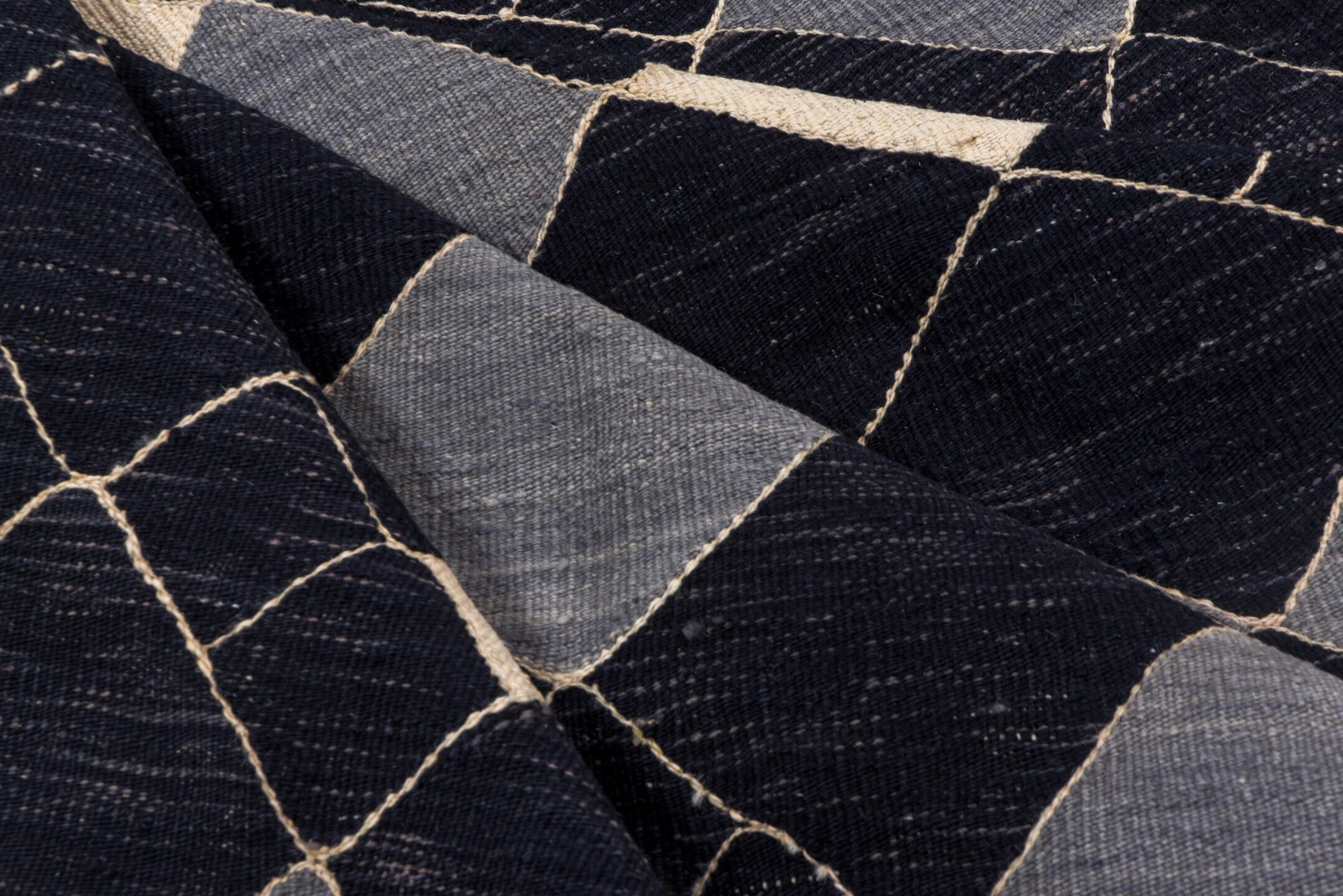 7' x 9' one-of-a-kind handmade vintage Kilim rug. Color palette: black, blue, brown, gray, light gray, off-white