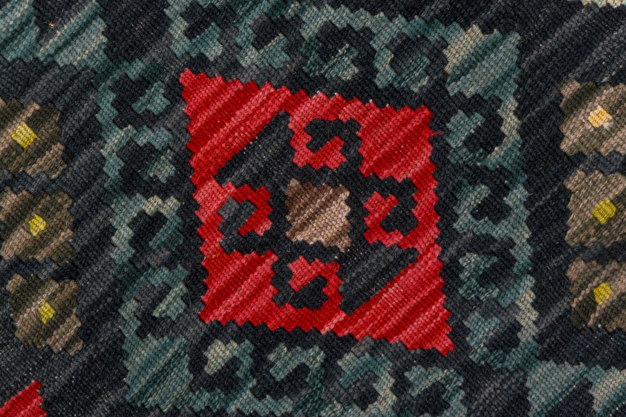 2' x 8' one-of-a-kind handmade vintage Kilim runner rug. Color palette: charcoal, teal, crimson, saffron, ivory, pink, taupe