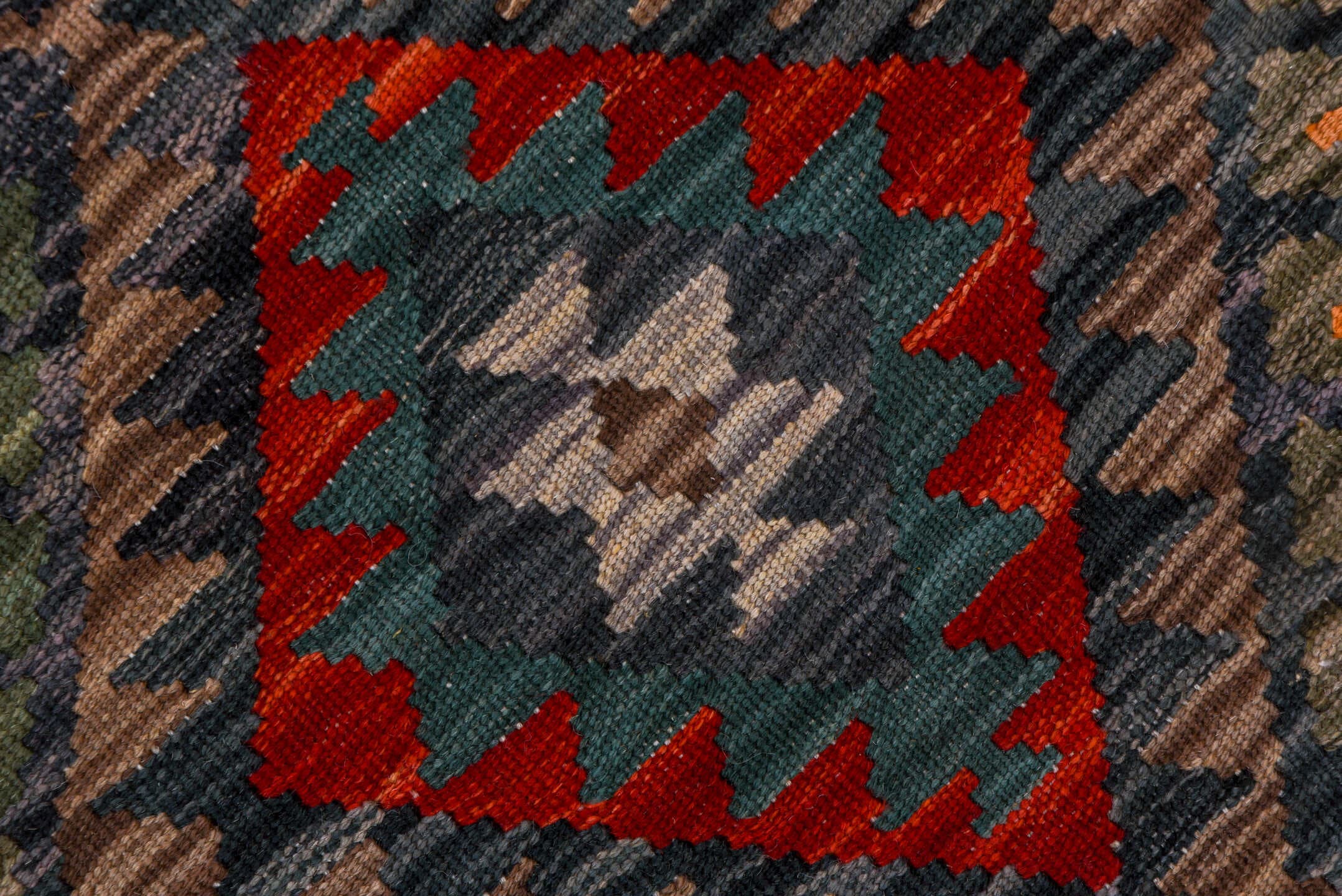 2' x 9' one-of-a-kind handmade vintage Kilim runner rug. Color palette: charcoal, crimson, taupe, sky_blue, ivory, blush