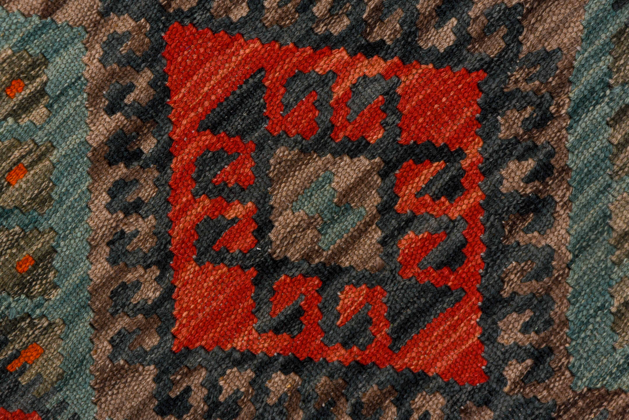 2' x 9' one-of-a-kind handmade vintage Kilim runner rug. Color palette: charcoal, crimson, turquoise, coral, ivory, lavender