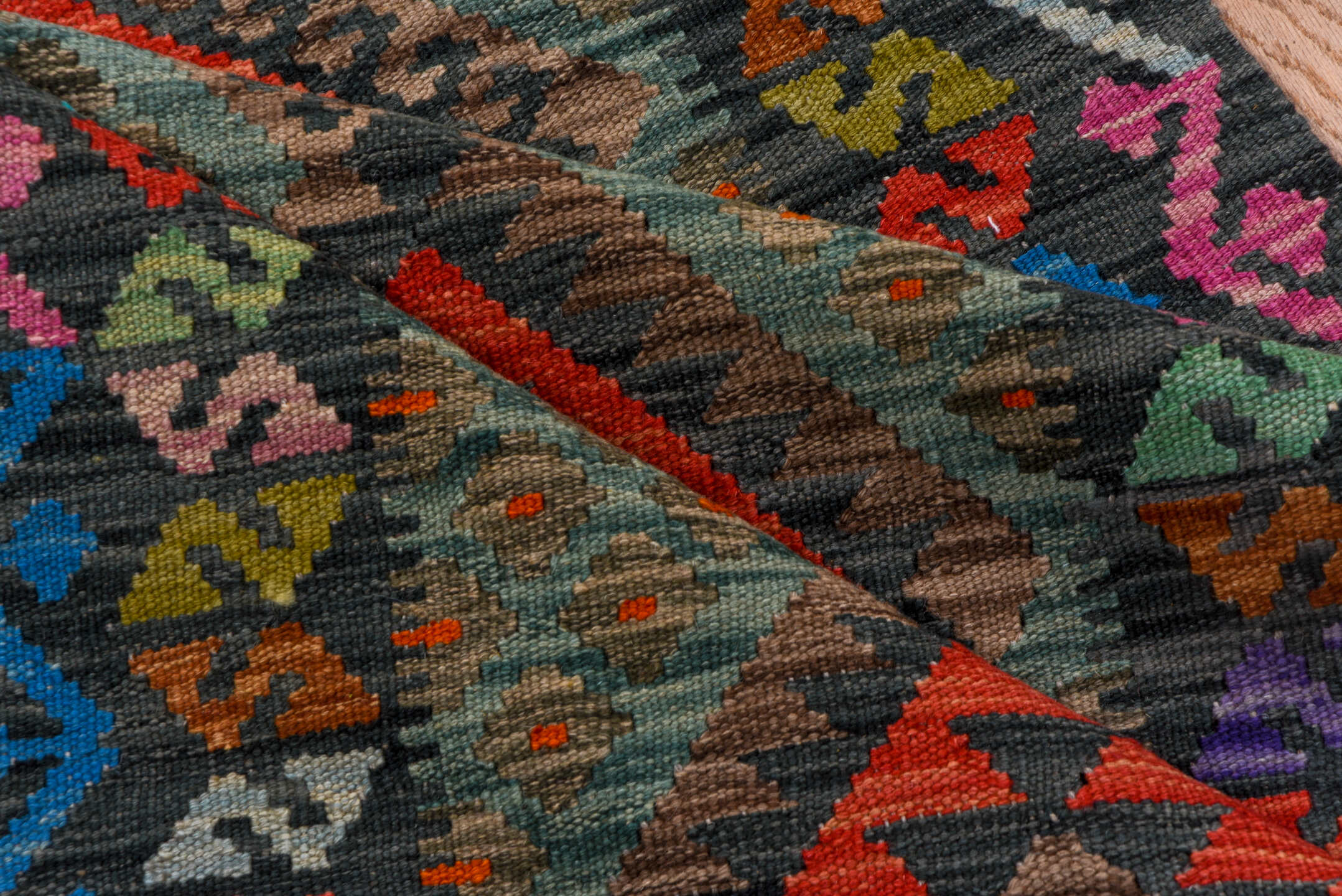 2' x 9' one-of-a-kind handmade vintage Kilim runner rug. Color palette: charcoal, crimson, turquoise, coral, ivory, lavender