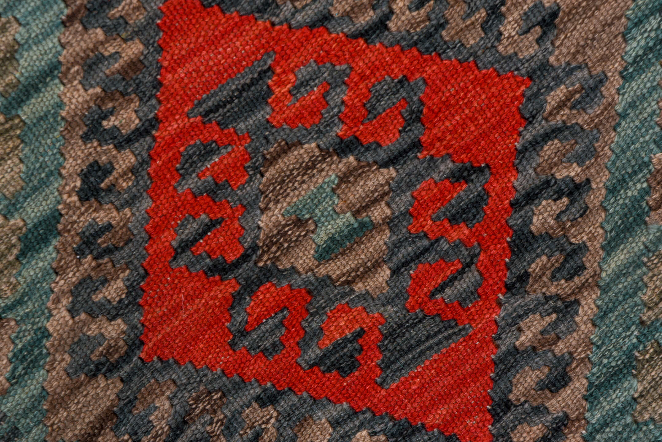 2' x 9' one-of-a-kind handmade vintage Kilim runner rug. Color palette: teal, charcoal, crimson, cobalt, taupe, lavender