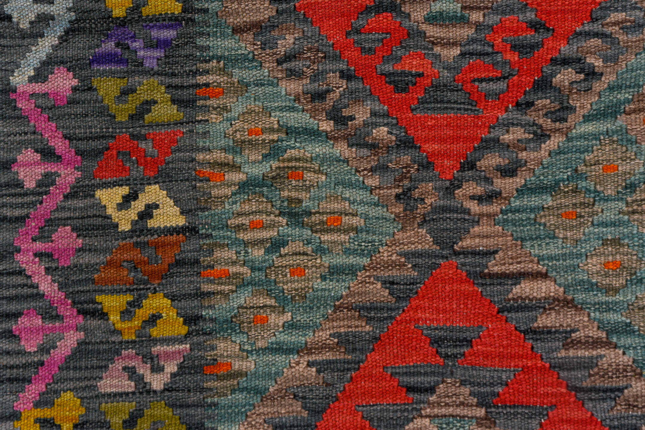 2' x 9' one-of-a-kind handmade vintage Kilim runner rug. Color palette: teal, charcoal, crimson, cobalt, taupe, lavender