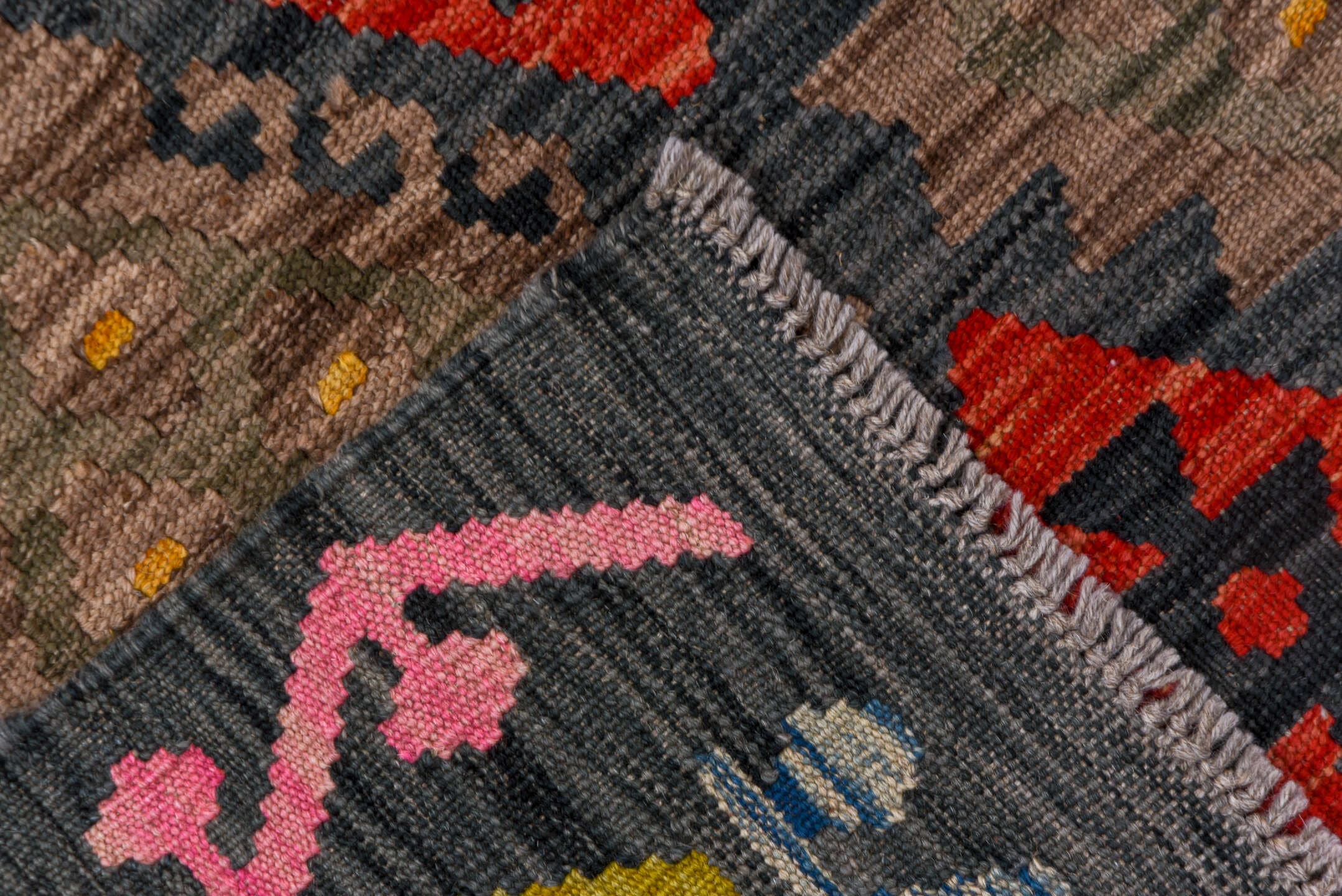 5' x 6' one-of-a-kind handmade vintage Kilim rug. Color palette: taupe, charcoal, crimson, turquoise, gold, ivory, pink