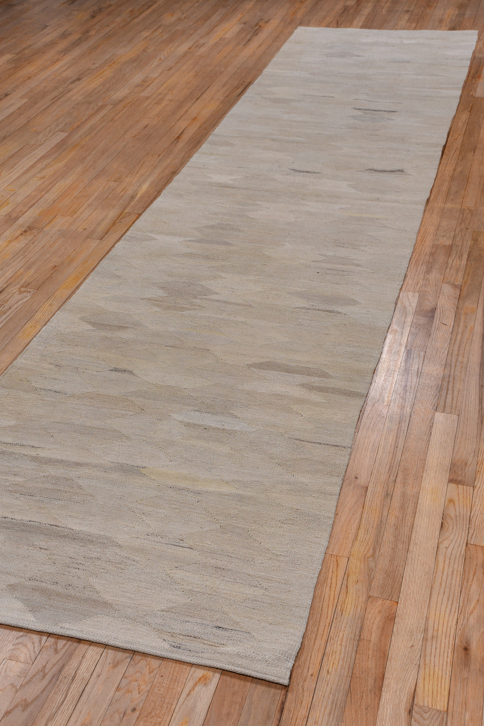 3' x 13' one-of-a-kind handmade vintage Kilim runner rug. Color palette: gray, light gray, off-white, pink, silver, snow