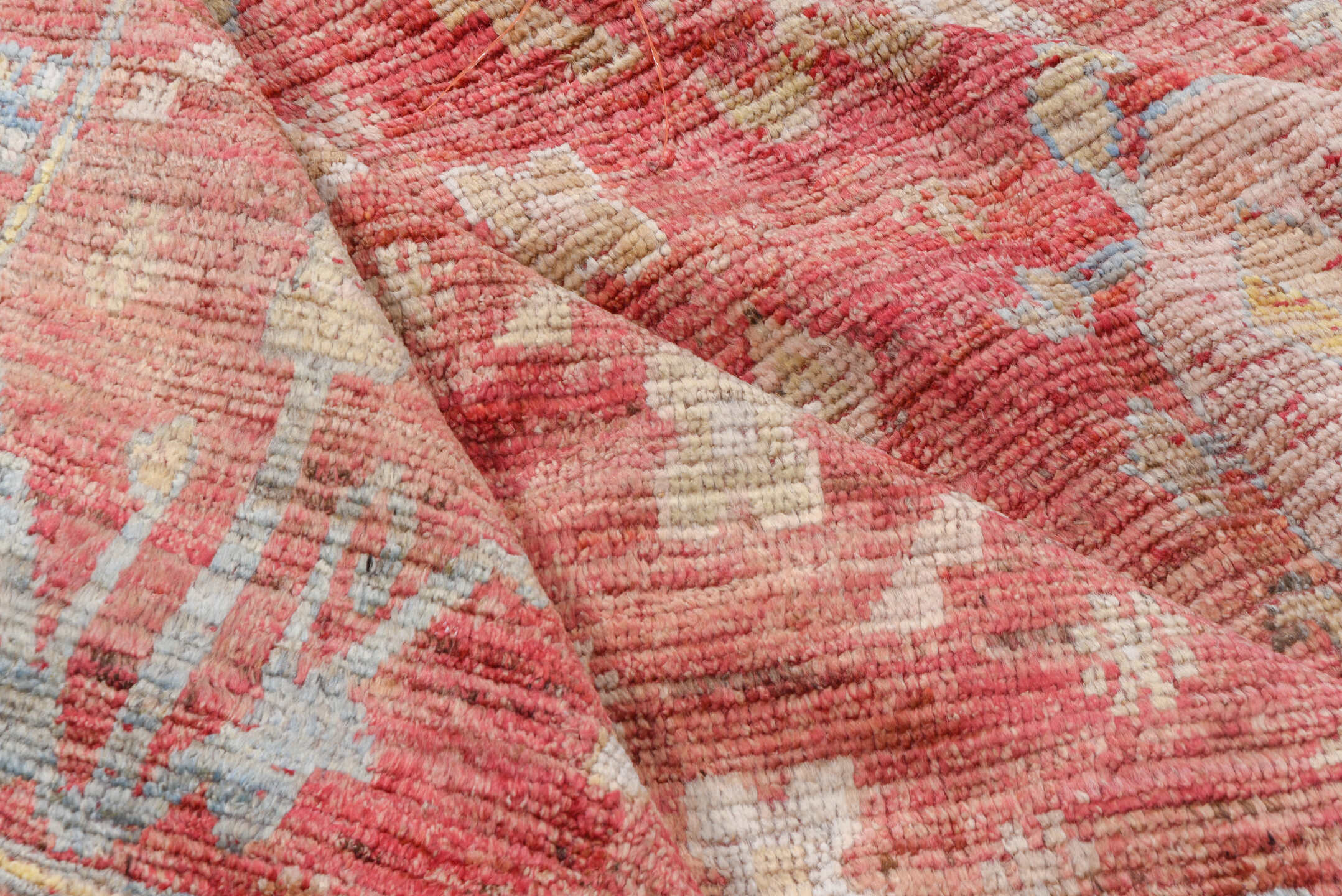 10' x 16' one-of-a-kind handmade vintage Oushak rug. Color palette: coral, ivory, pale blue, gold, salmon, beige, terracotta