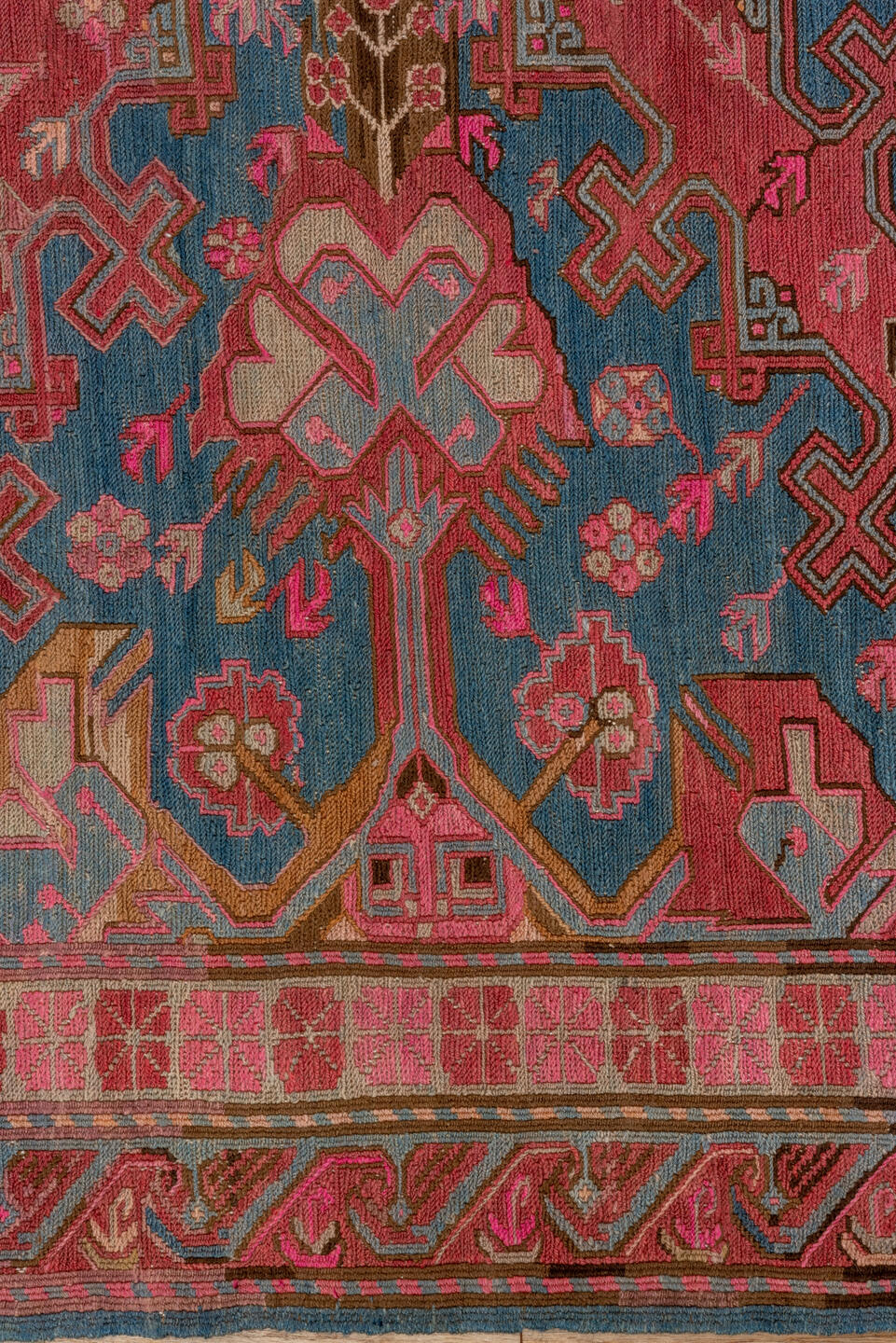 6' x 11' one-of-a-kind handmade vintage Sumak large size rug. Color palette: blue, brown, gray, pink, red, redwood