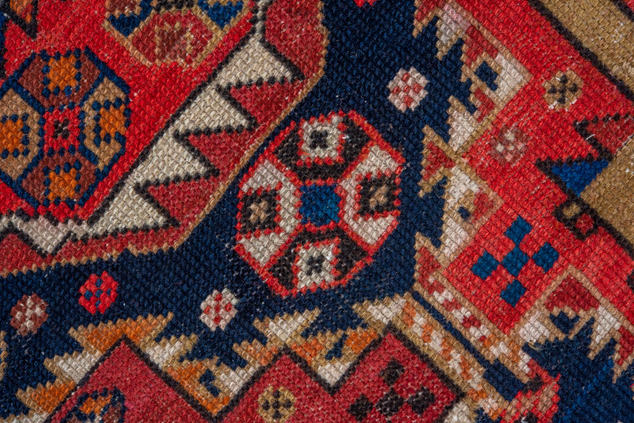 3' x 6' one-of-a-kind handmade antique Shirvan runner rug. Color palette: navy, rust, ivory, camel, crimson, terra cotta