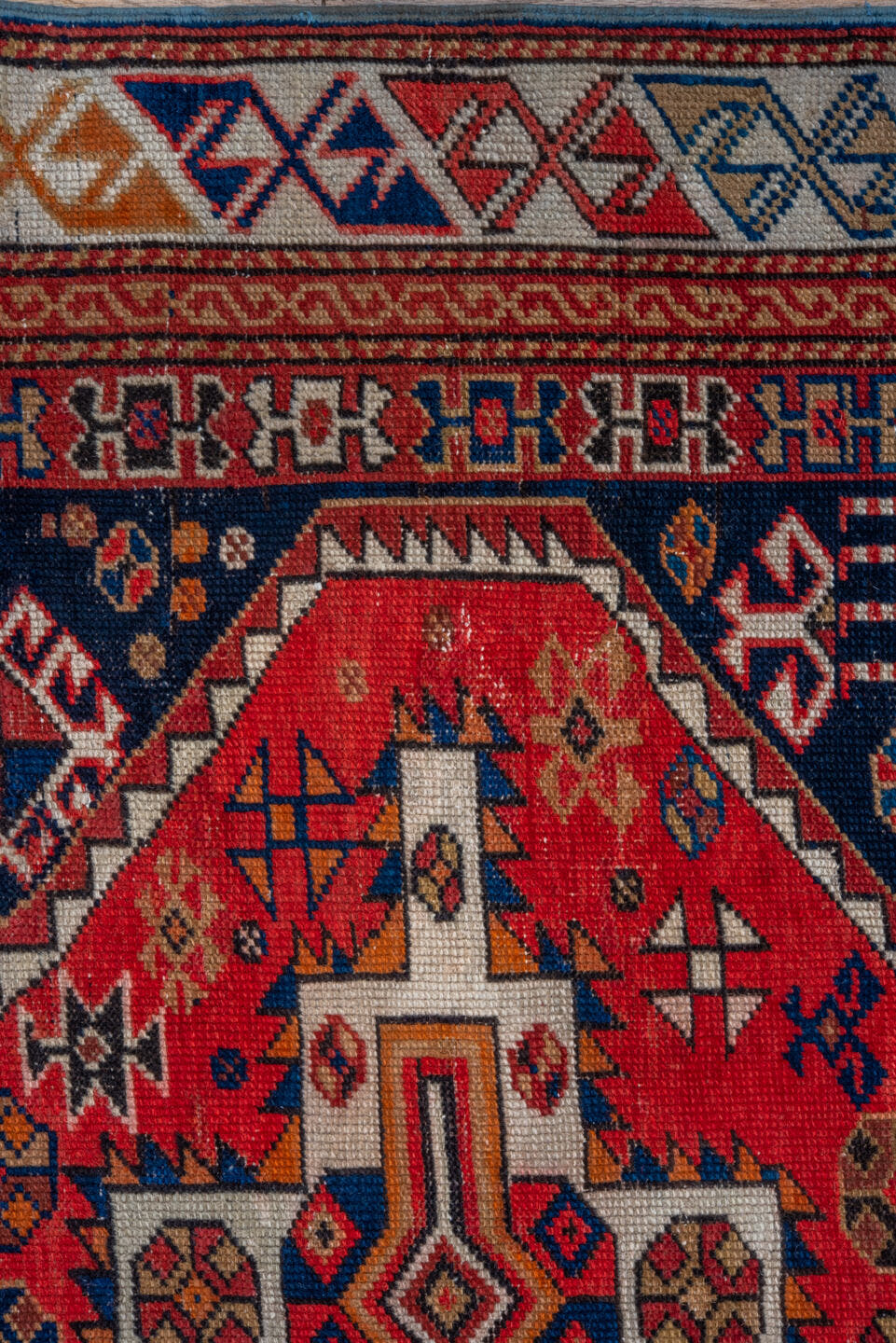 3' x 6' one-of-a-kind handmade antique Shirvan runner rug. Color palette: navy, rust, ivory, camel, crimson, terra cotta