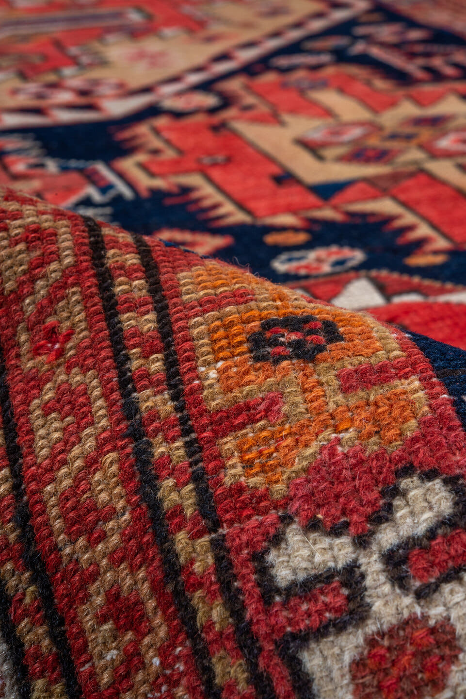 3' x 6' one-of-a-kind handmade antique Shirvan runner rug. Color palette: navy, rust, ivory, camel, crimson, terra cotta