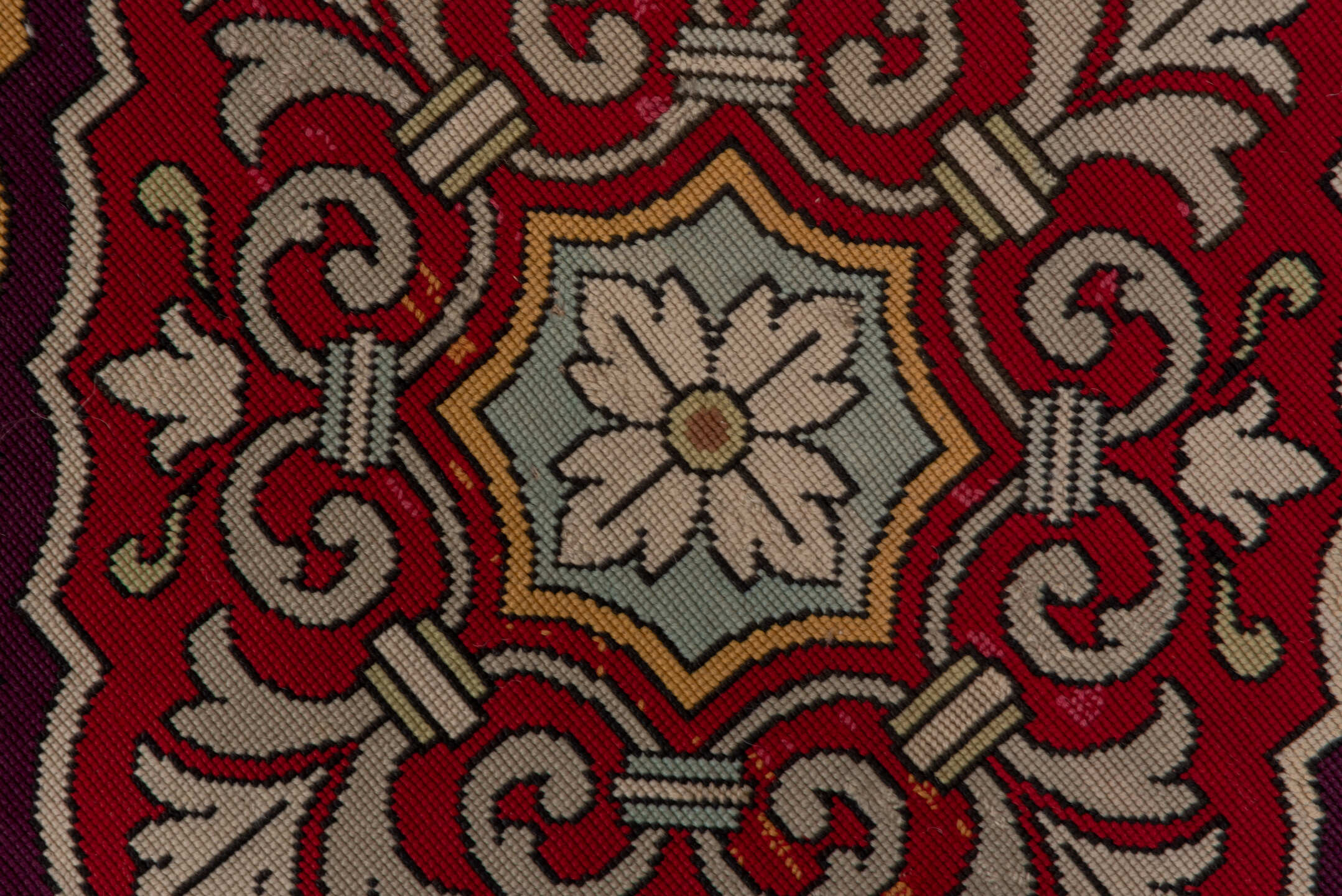 6' x 6' one-of-a-kind handmade vintage Needlepoint rug. Color palette: brown, gray, red