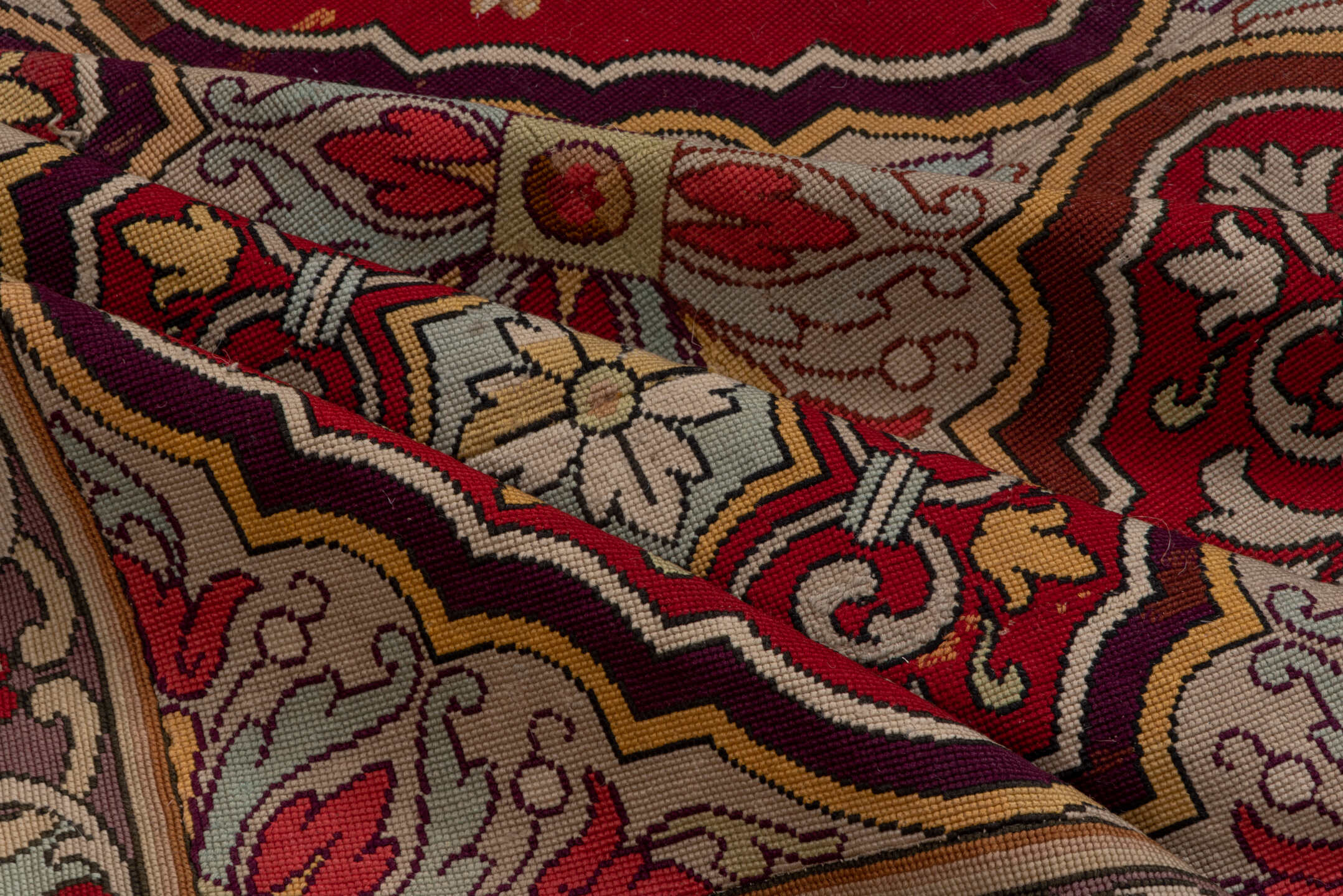 6' x 6' one-of-a-kind handmade vintage Needlepoint rug. Color palette: brown, gray, red