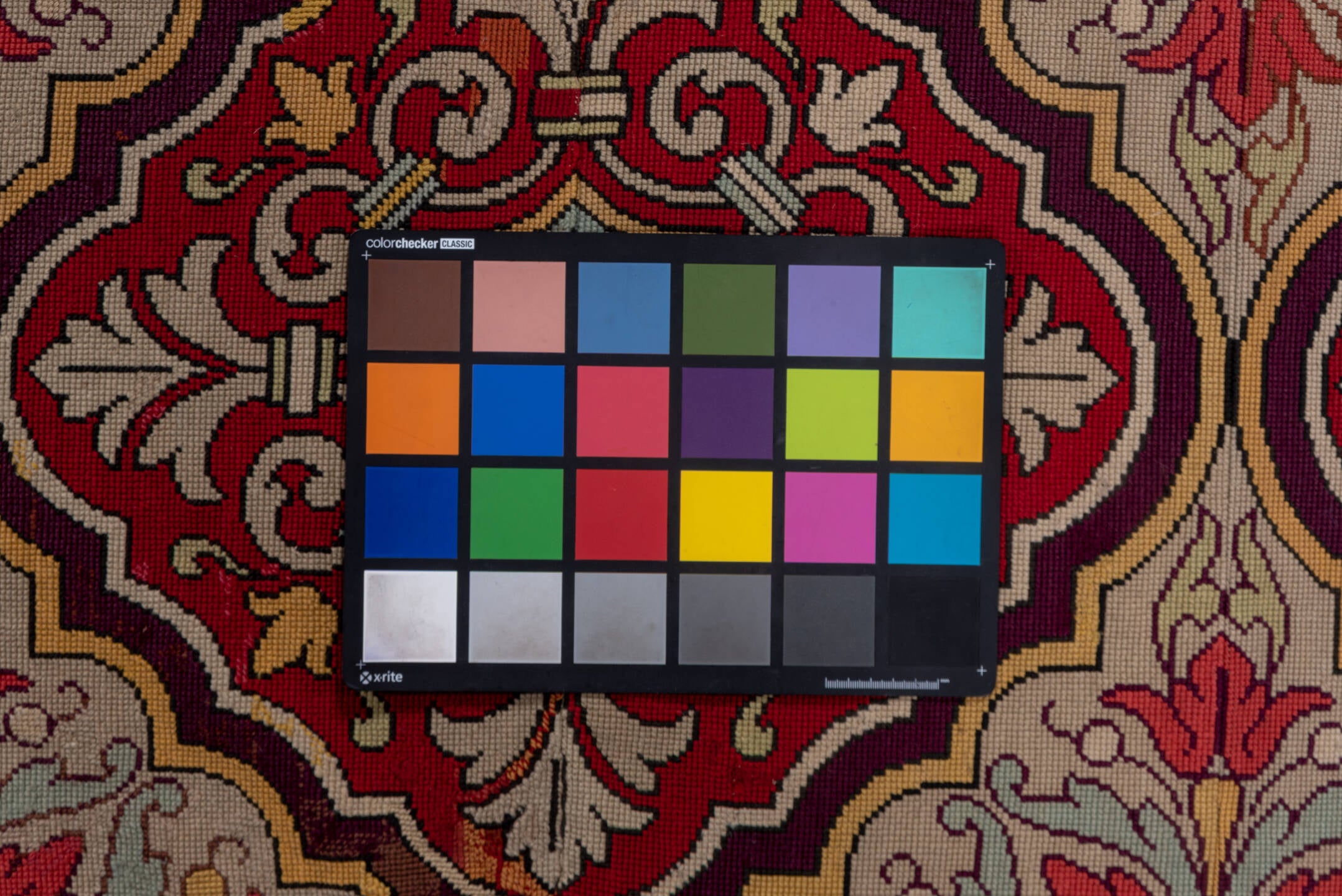 6' x 6' one-of-a-kind handmade vintage Needlepoint rug. Color palette: brown, gray, red