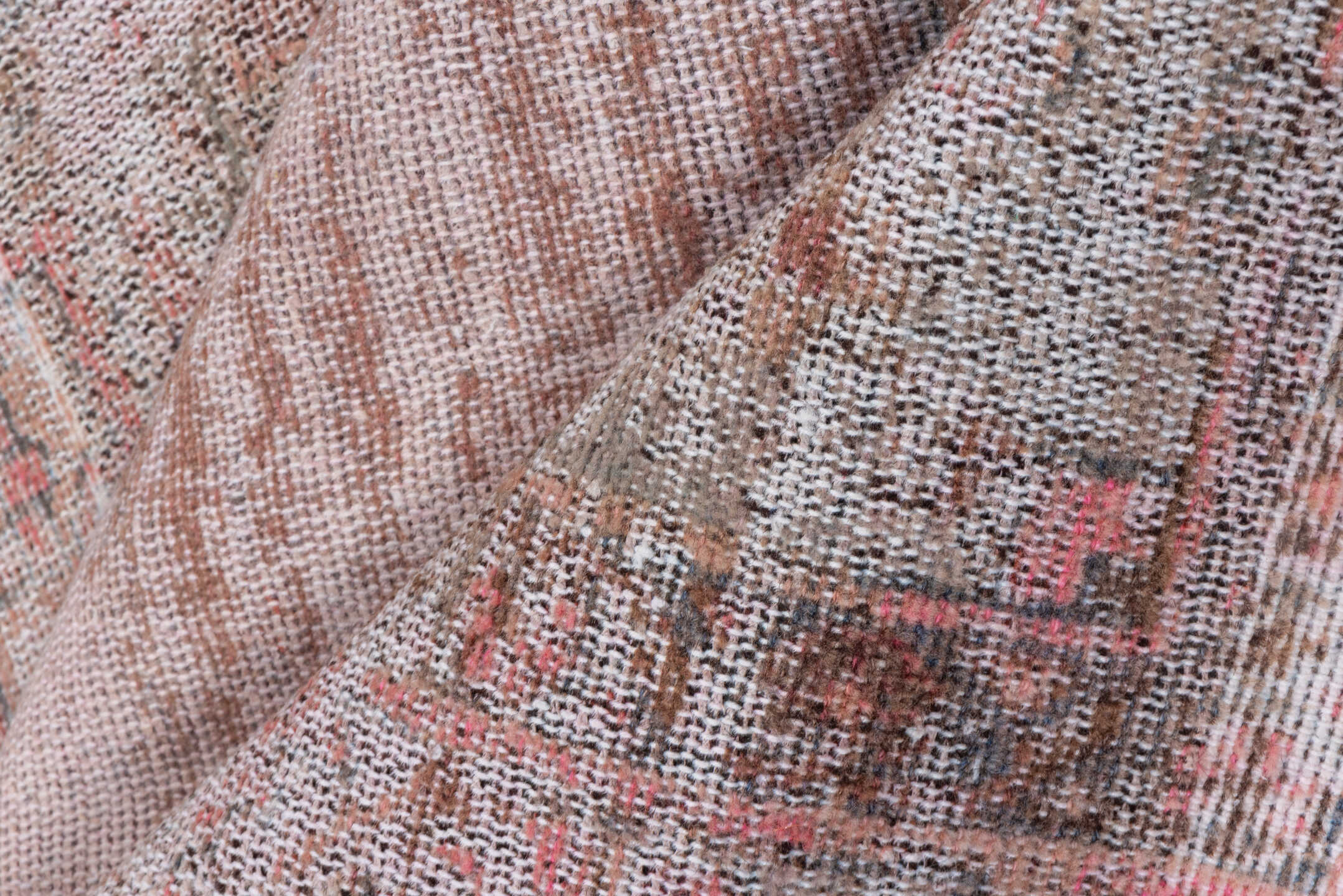 4' x 8' one-of-a-kind handmade vintage Overdyed rug. Color palette: ivory, blush, taupe, charcoal, rose, brown, pink, beige